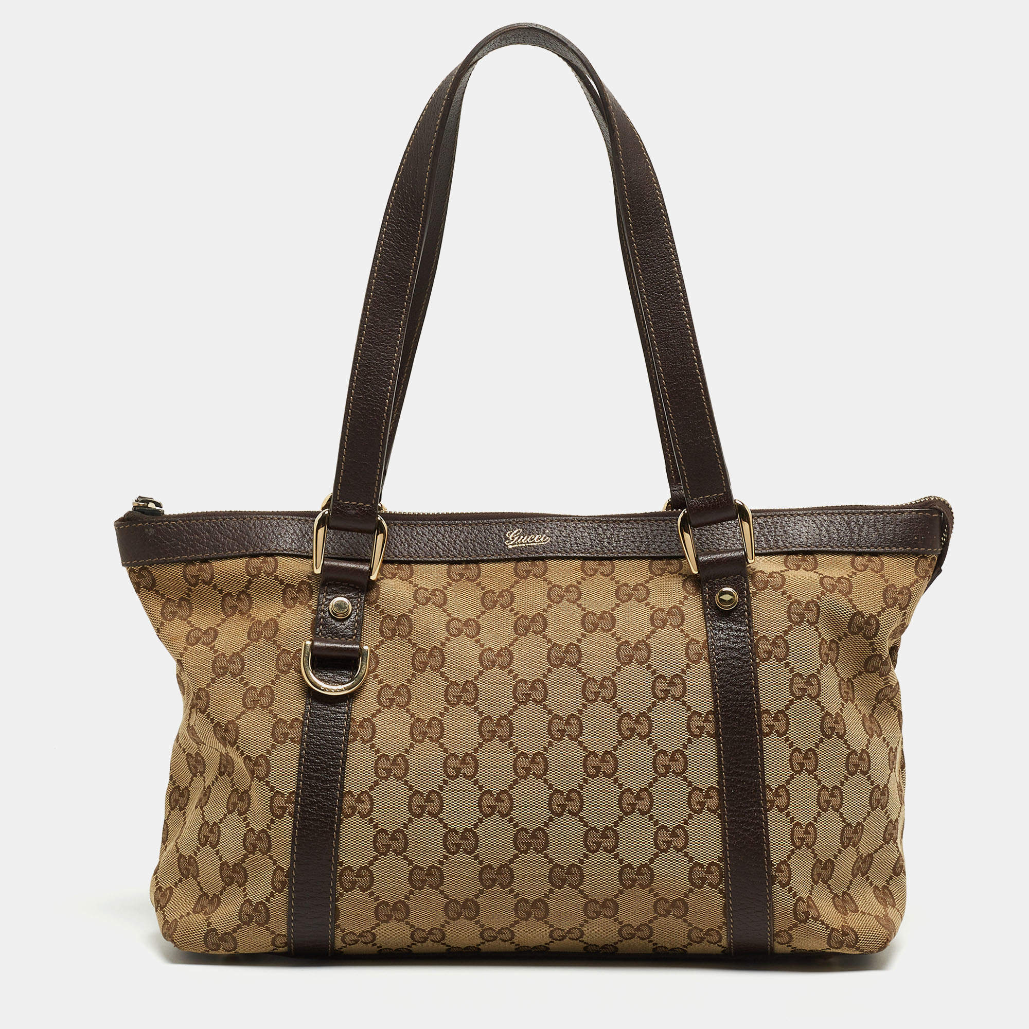 Pre Owned Gucci Ebony/Beige GG Canvas and Leather Medium Abbey Tote