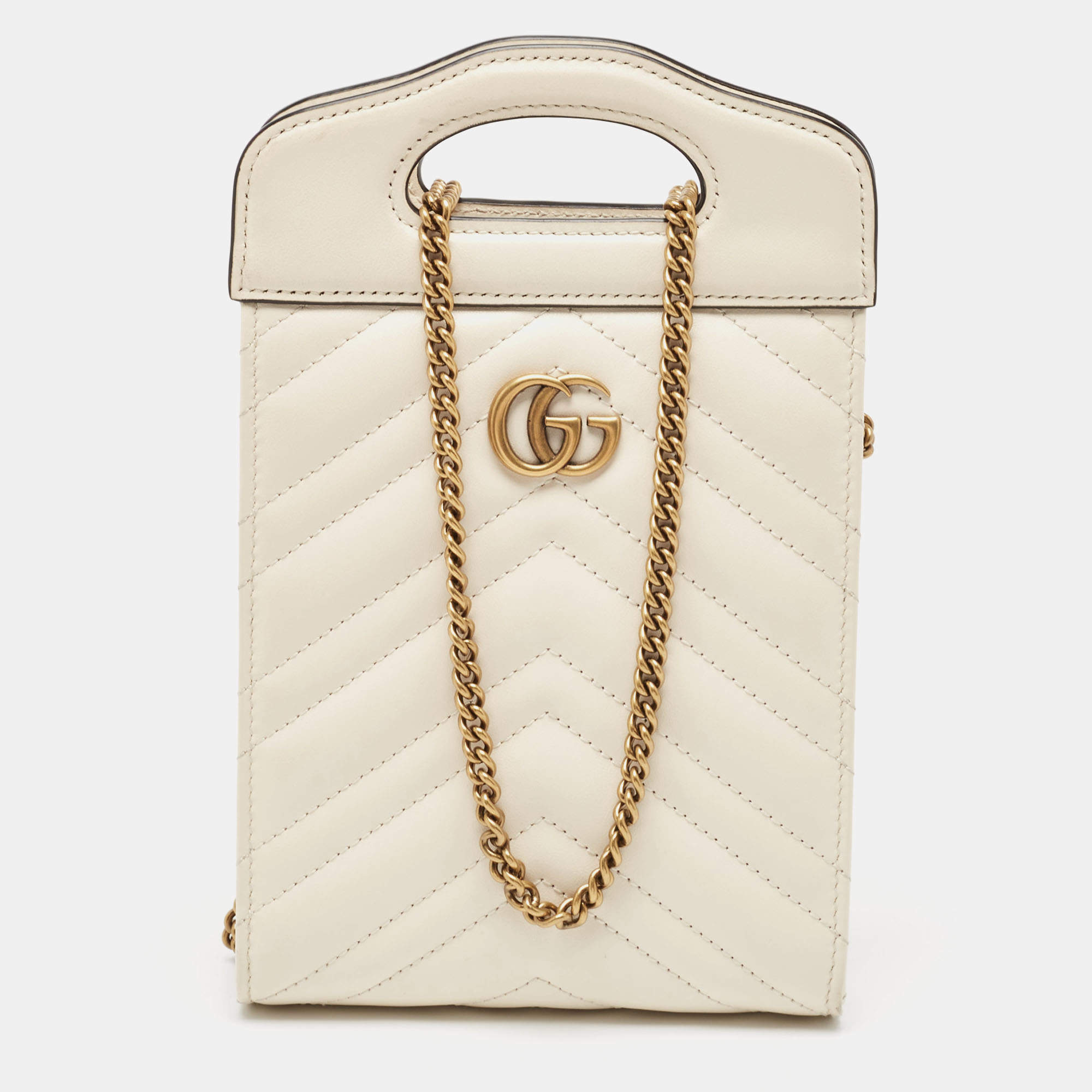 Gucci Off White Matelassé Leather Mini GG Marmont Phone Crossbody Bag