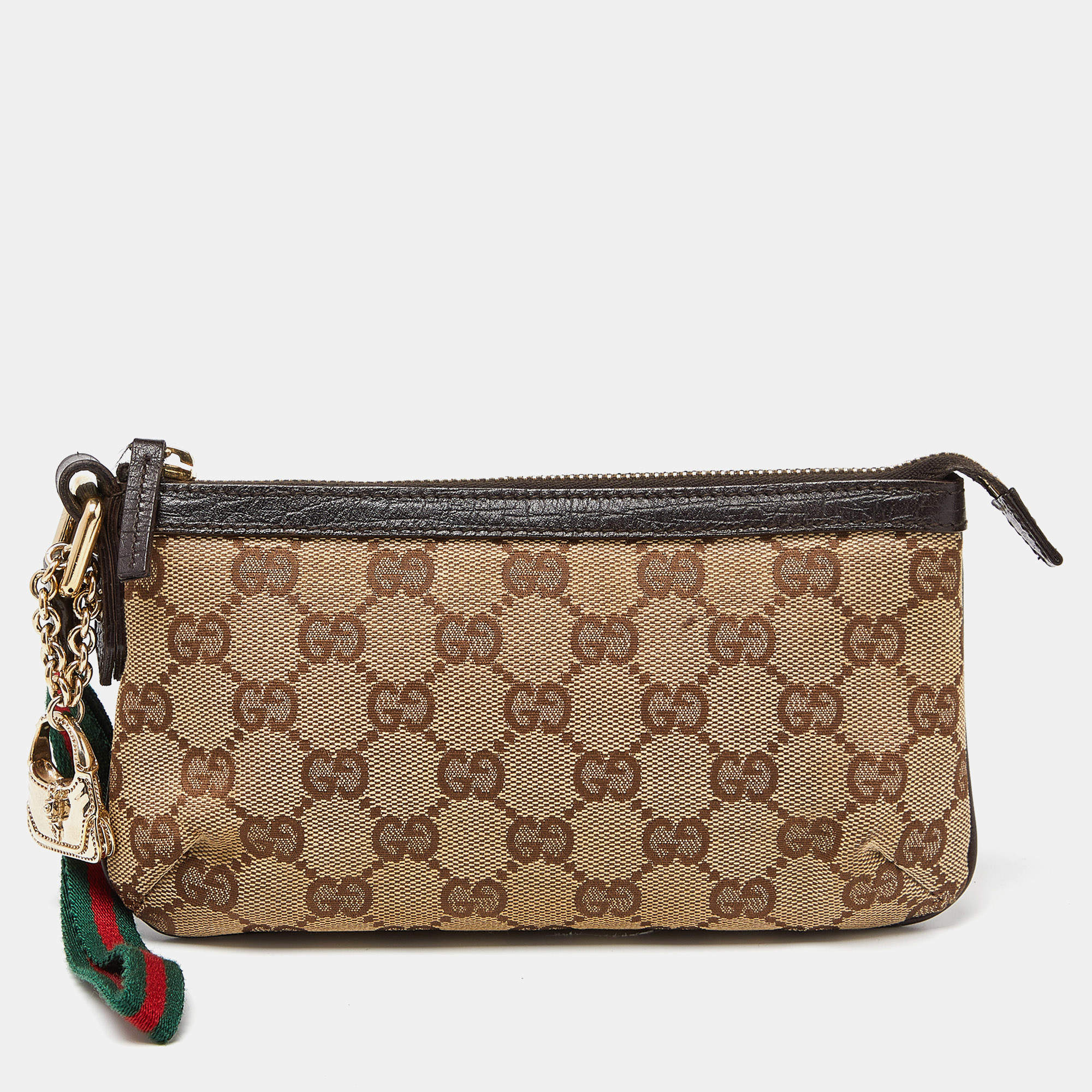 Pre Owned Gucci Beige/Brown GG Canvas and Leather Wristlet Pouch