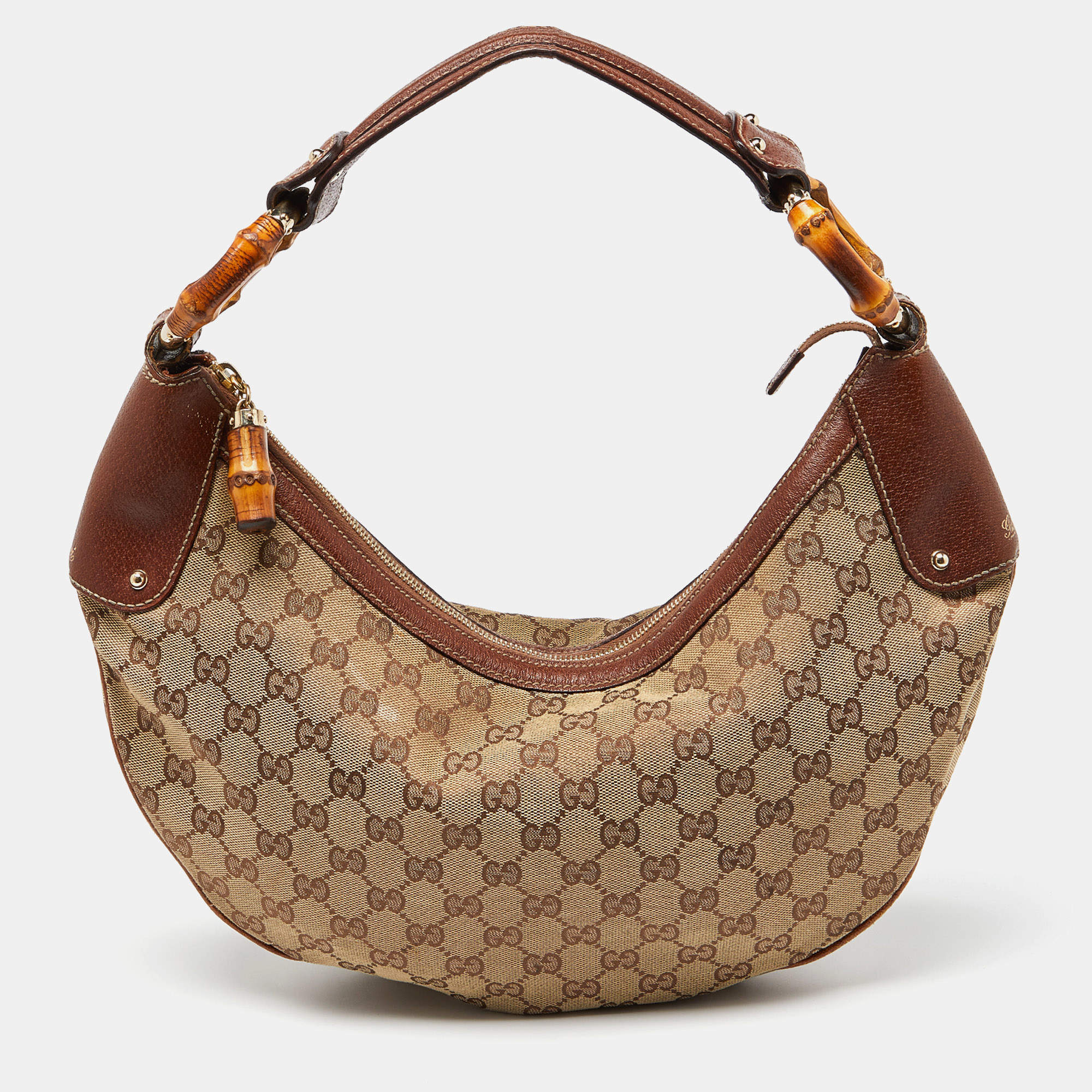 Pre Owned Gucci Beige GG Canvas and Leather Web Bamboo Ring Hobo