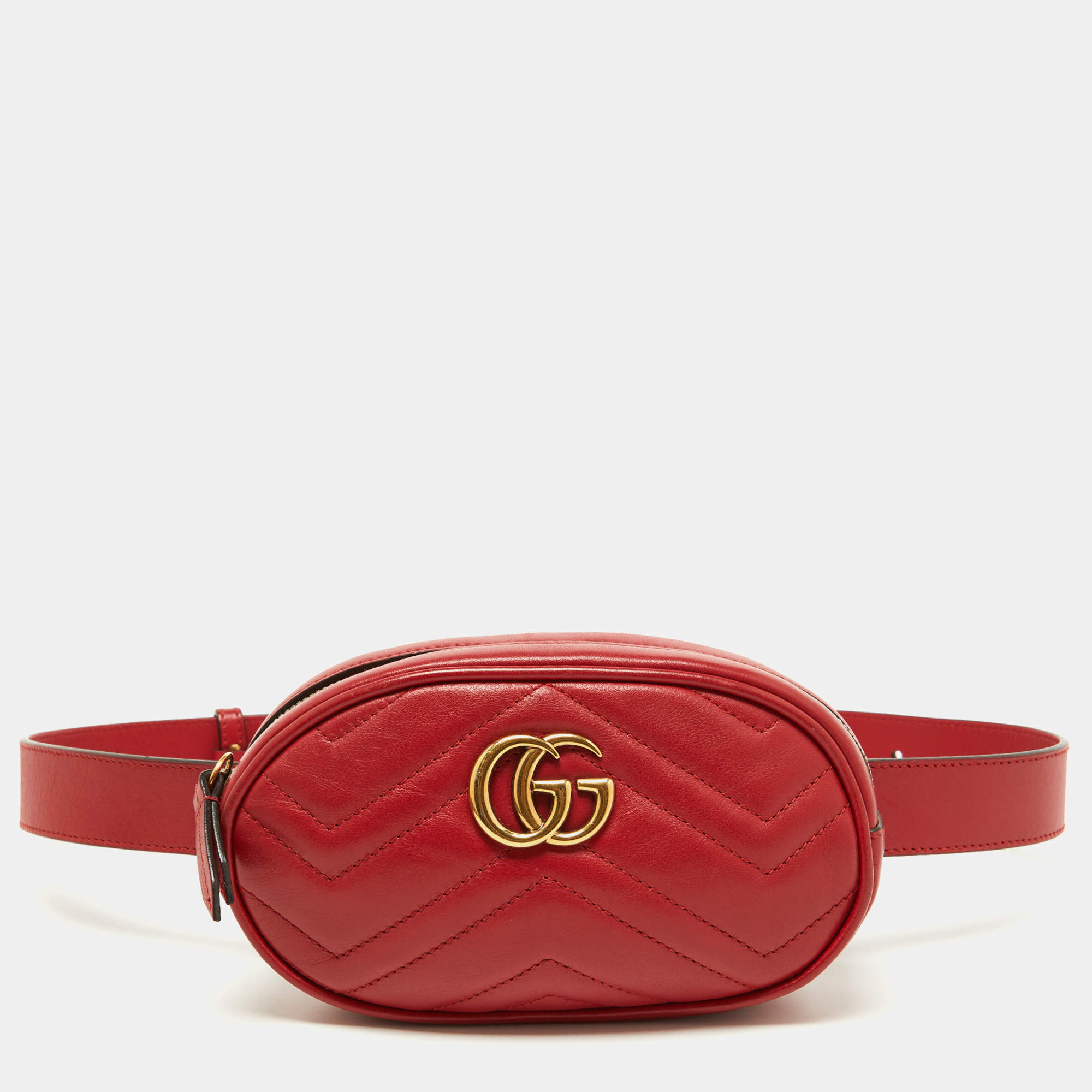 Pre Owned Gucci Red Matelassé Leather GG Marmont Belt Bag
