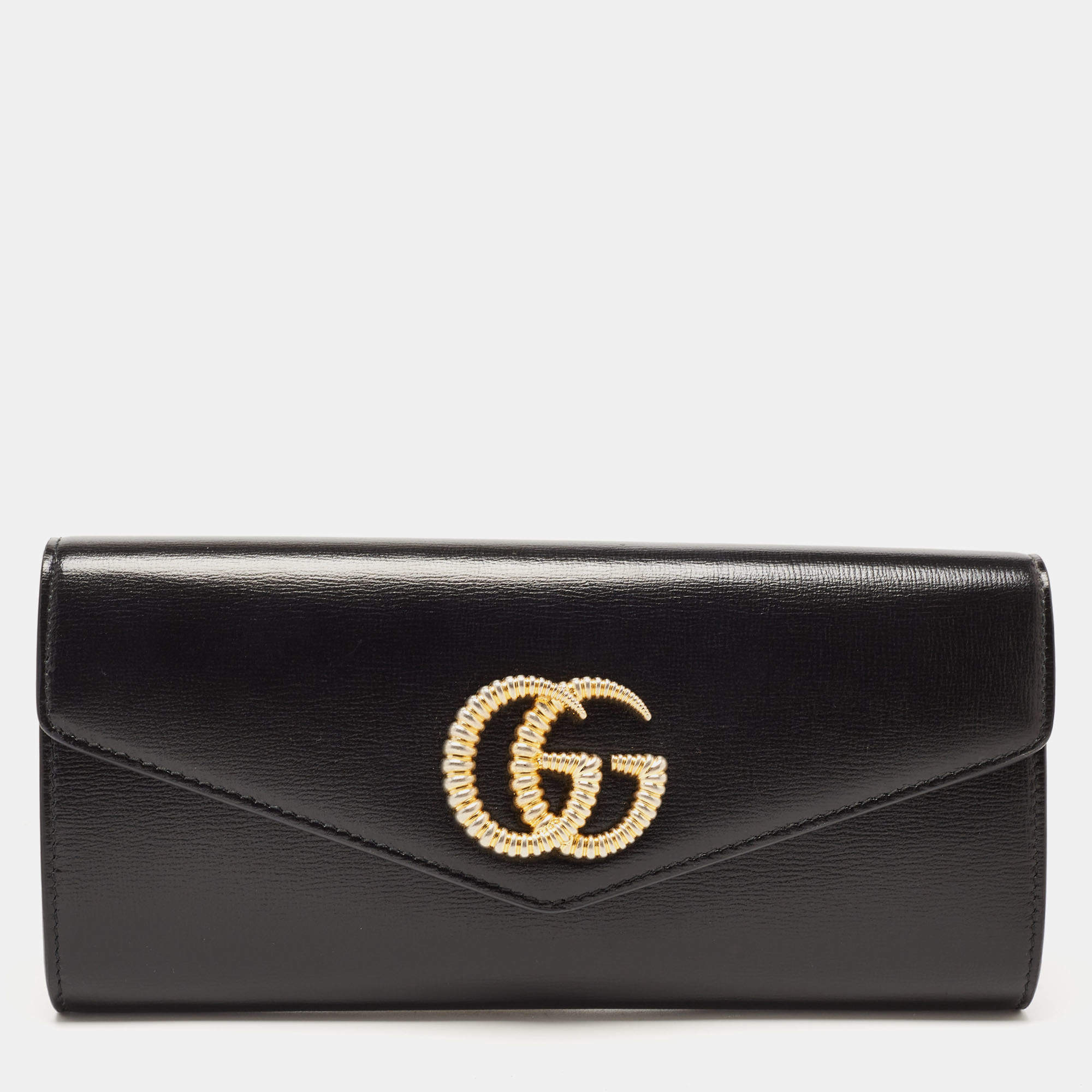 Pre Owned Gucci Black Leather Torchon Double G Broadway Clutch