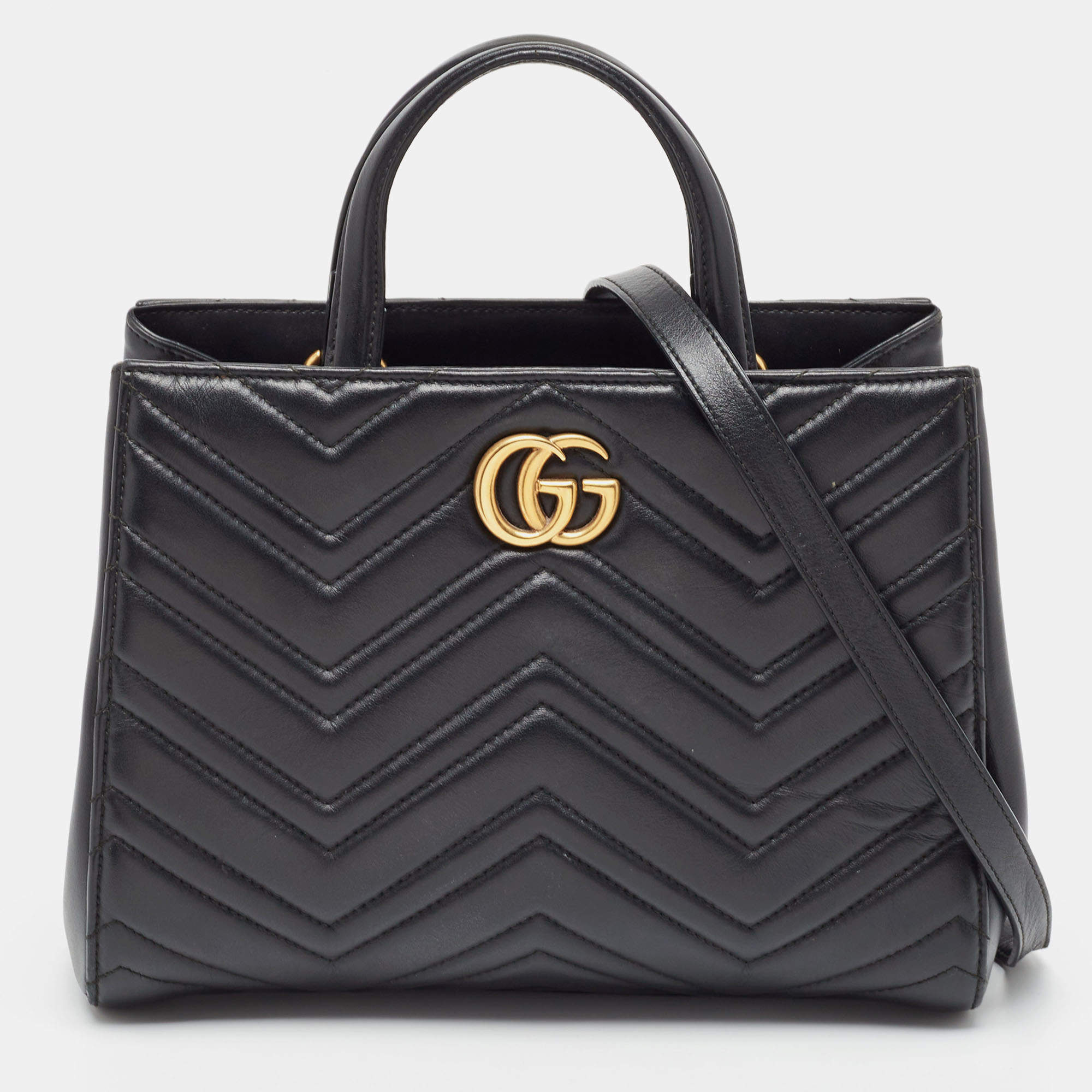 مملوكة مسبقًا Gucci Black Matelassé Leather Small GG Marmont Tote