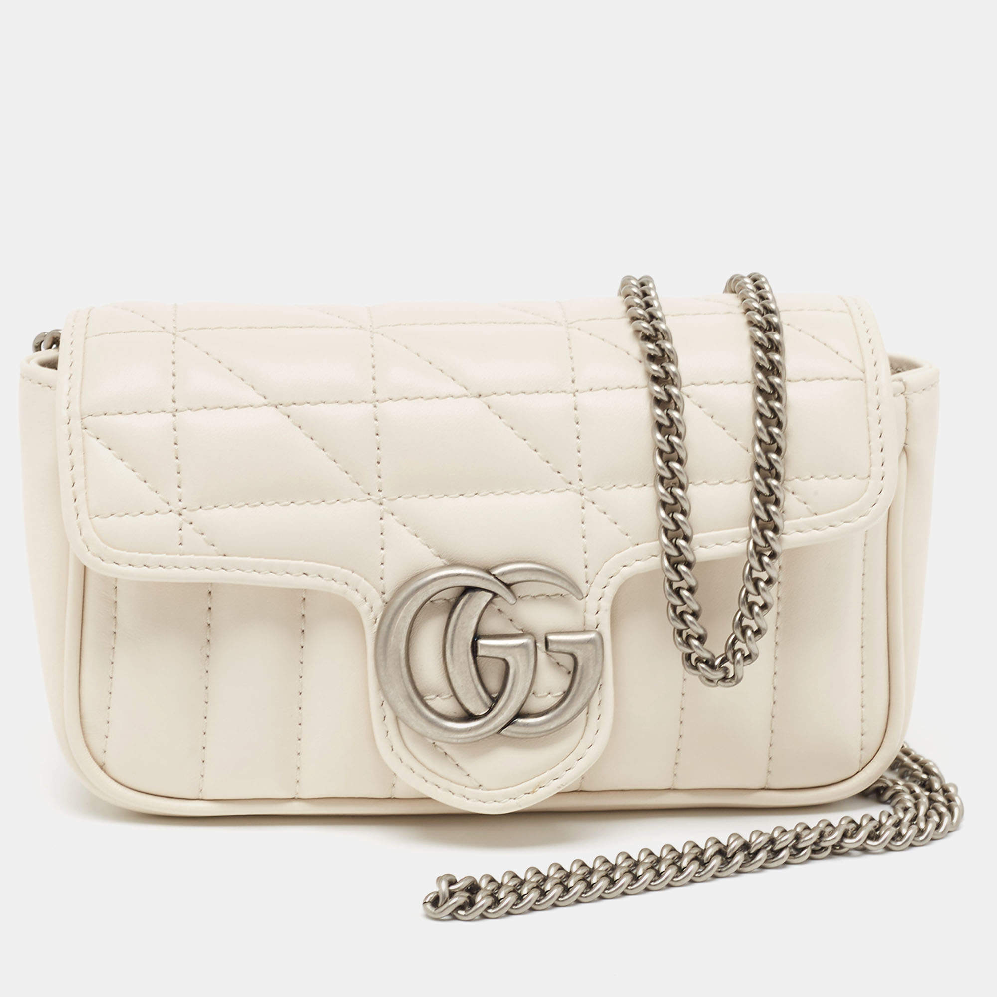 Gucci Off White Matelasse Leather Super Mini GG Marmont Shoulder Bag