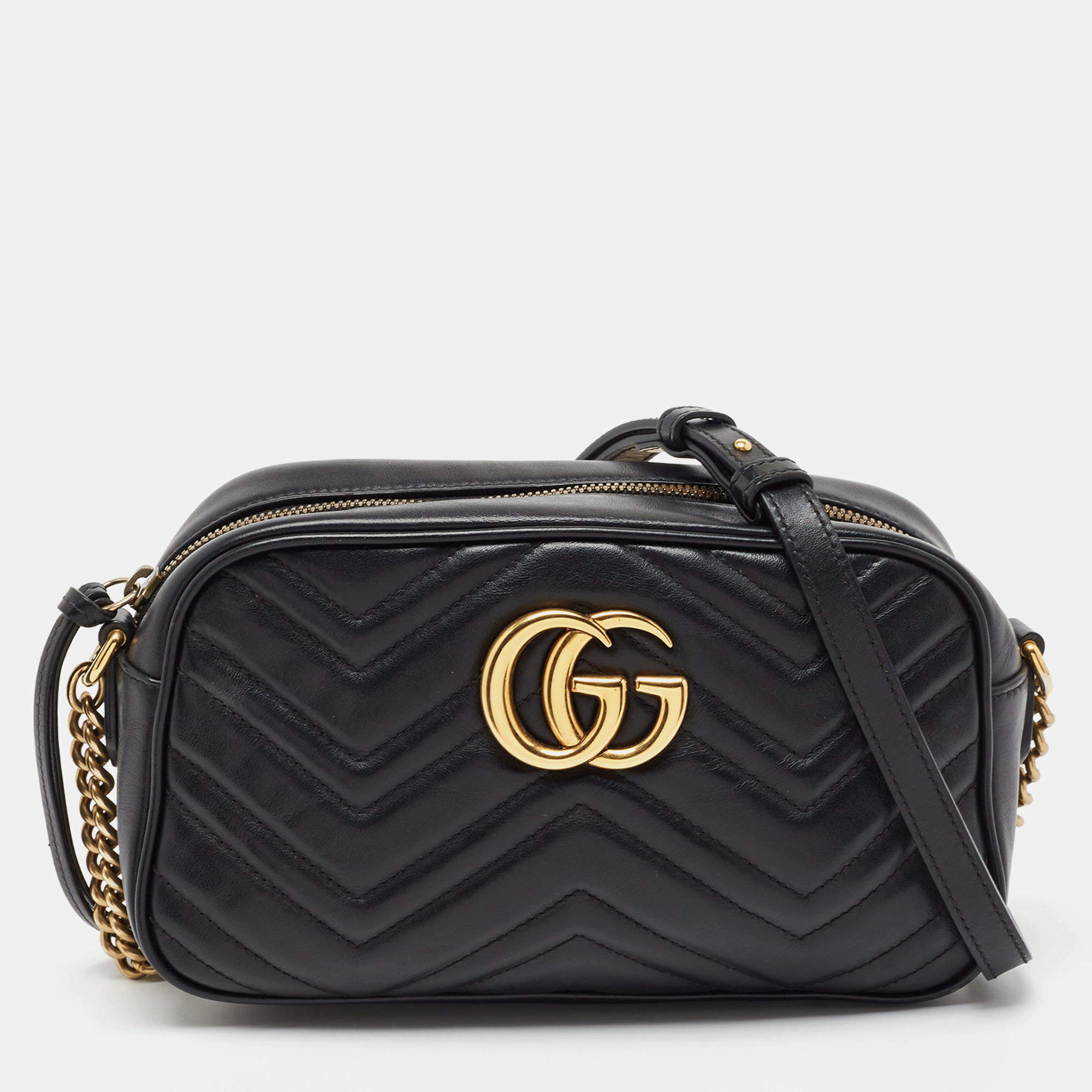 Gucci Black Matelasse Leather Small GG Marmont Shoulder Bag