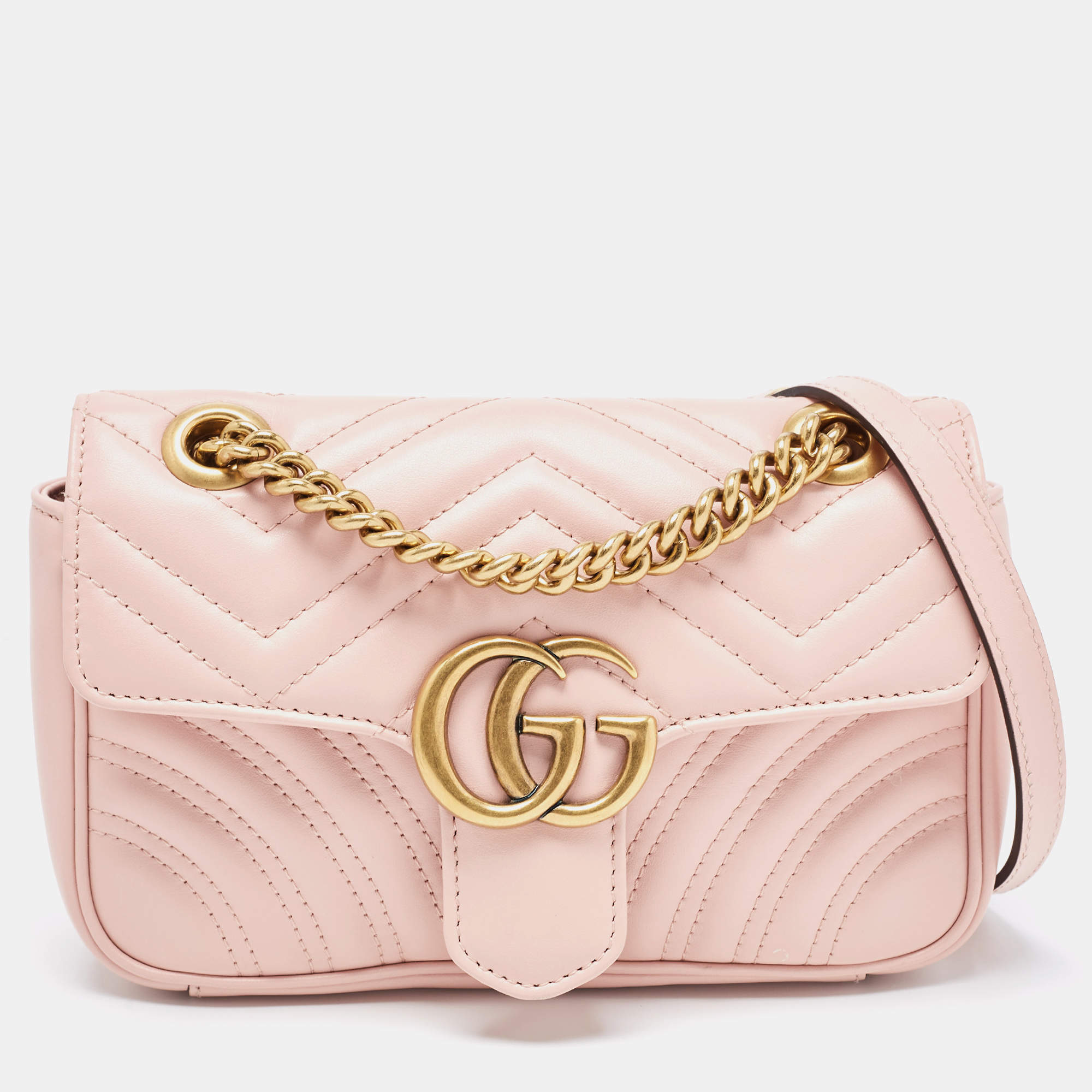 Pre Owned Gucci Pink Matelassé Leather Mini GG Marmont Shoulder Bag