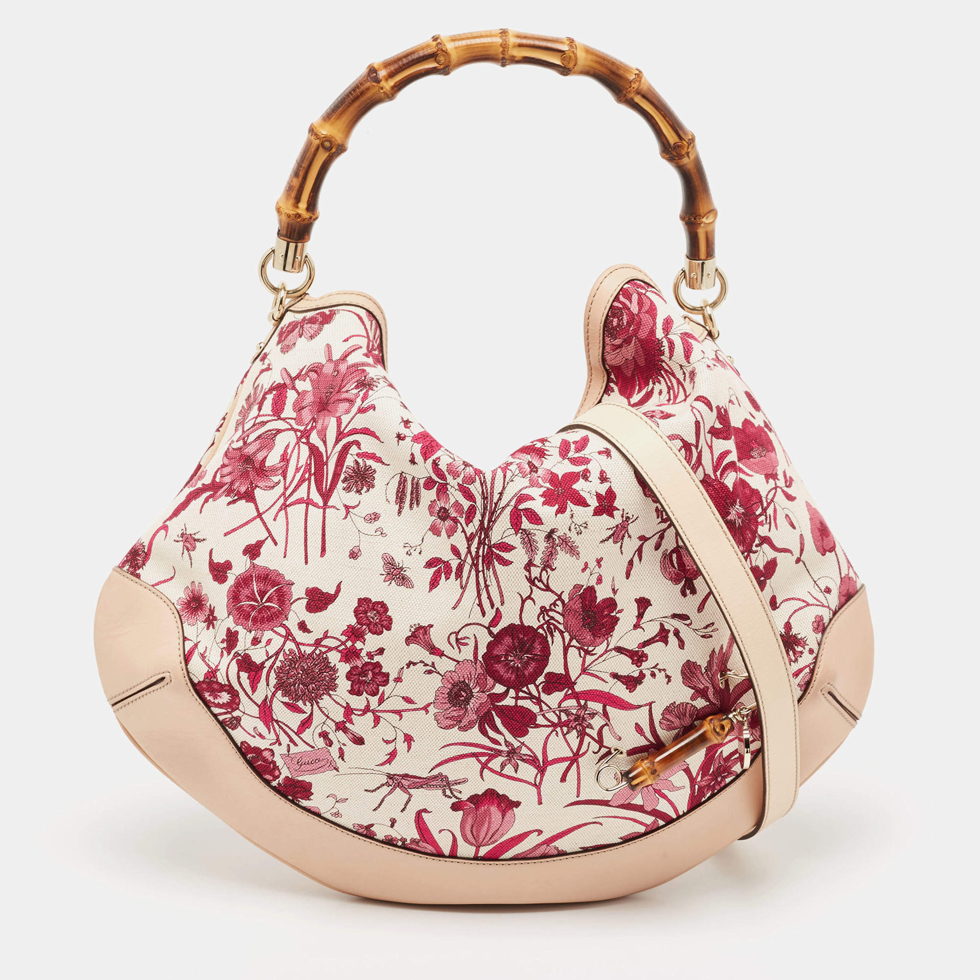Pre Owned Gucci Beige/Pink Floral Canvas and Leather Peggy Bamboo Handle Hobo