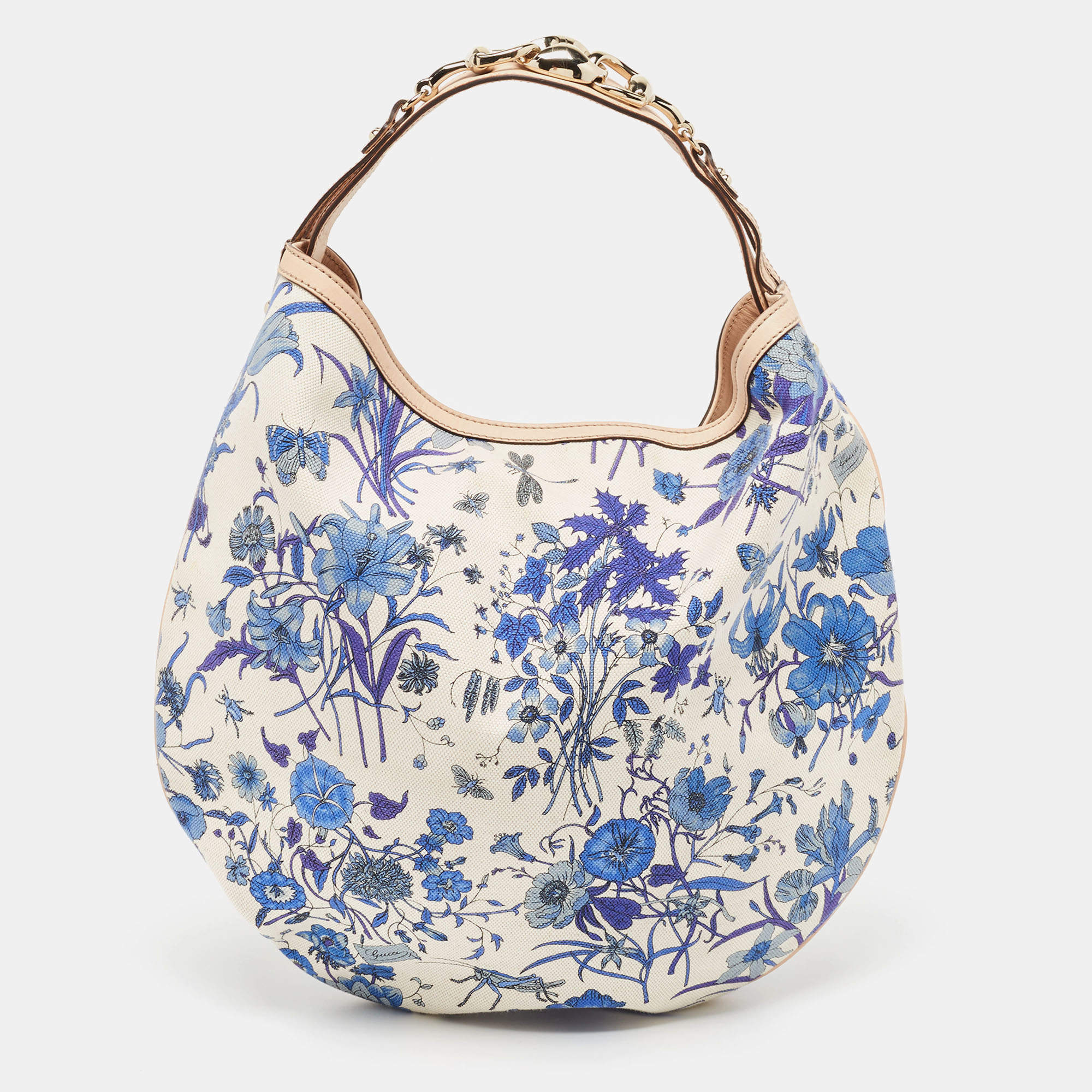 Gucci Beige/Blue Floral Canvas and Leather Horsebit Catena Hobo