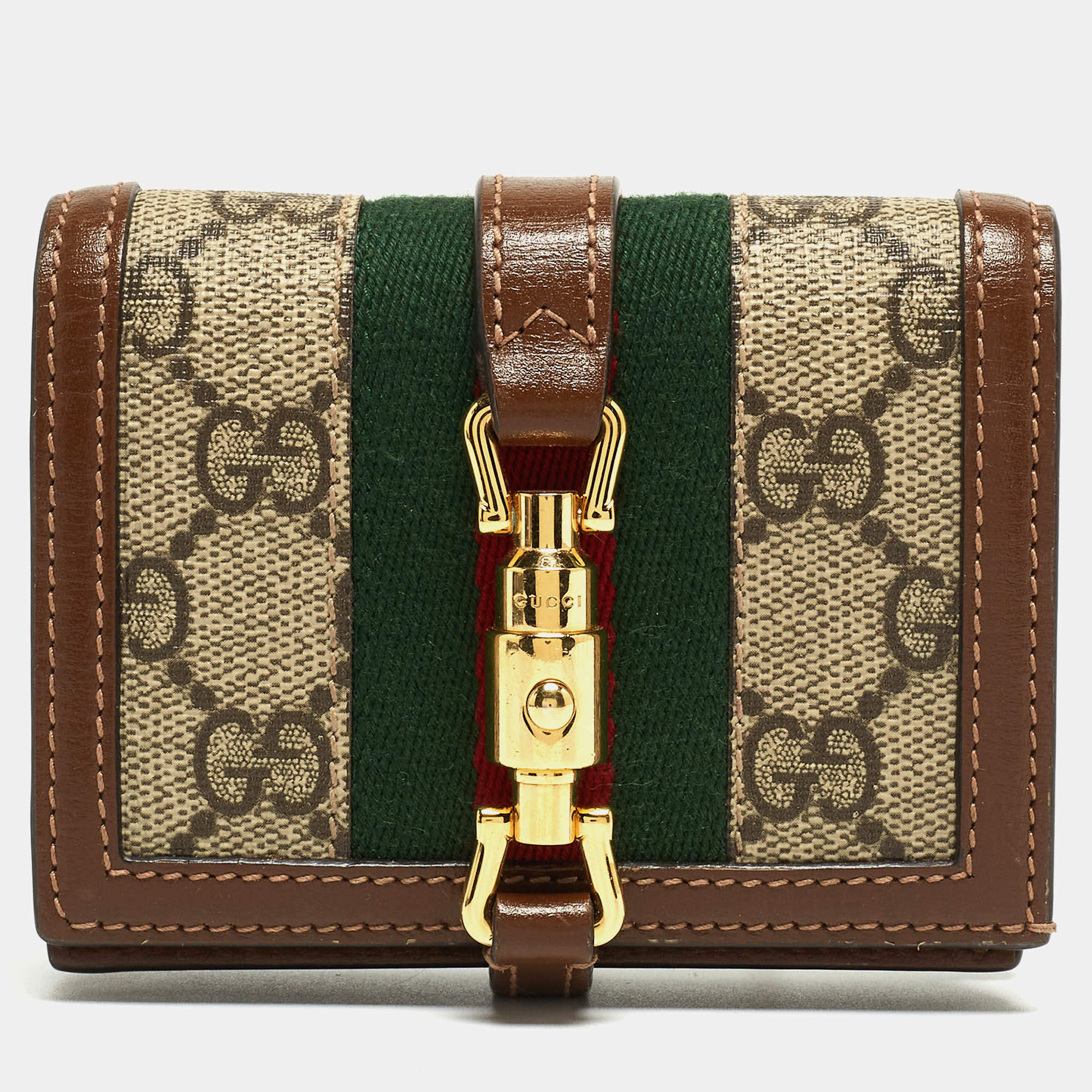 Gucci Tan/Beige GG Supreme Canvas and Leather Jackie 1961 Card Case Wallet