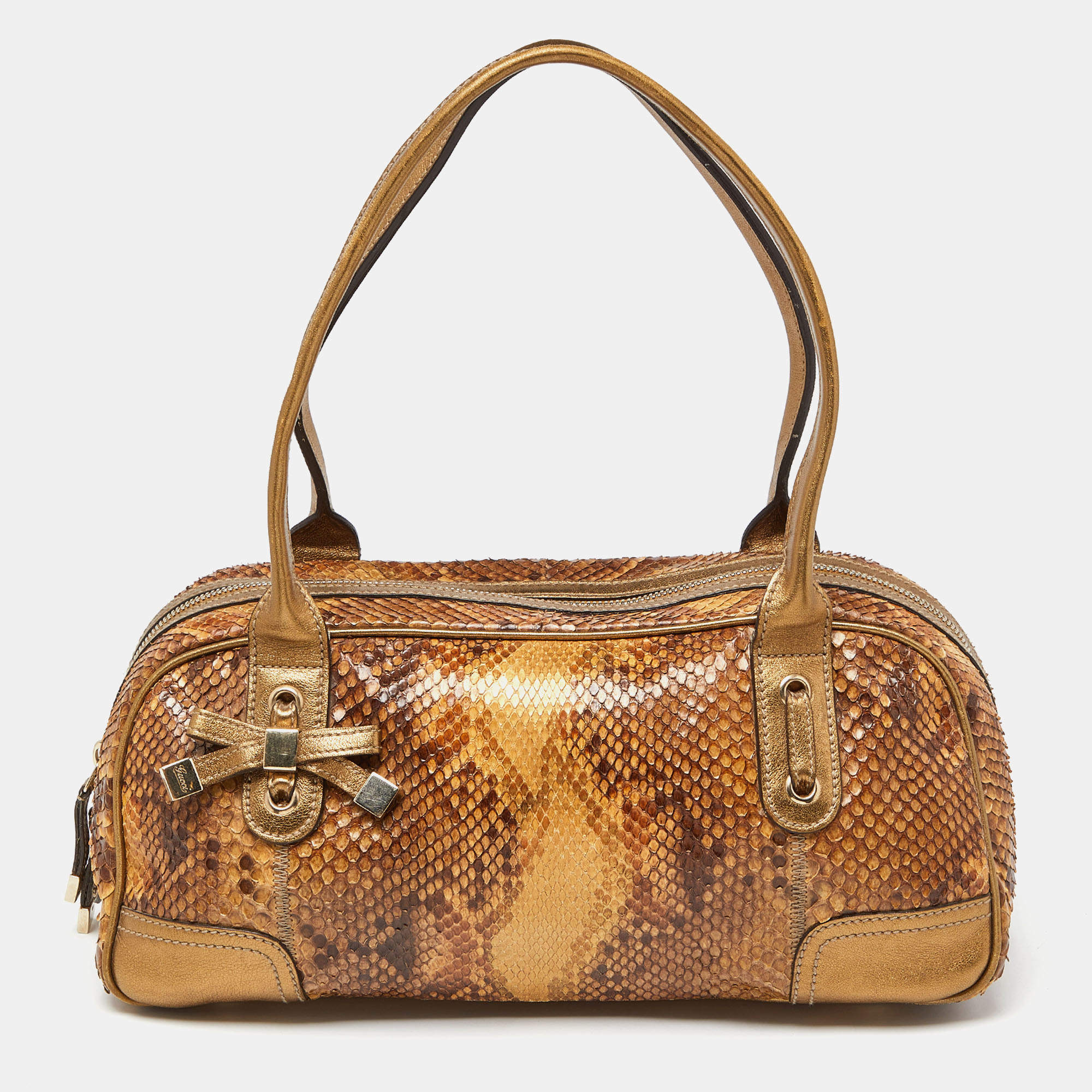 Pre Owned Gucci Gold/Brown Python and Leather Princy Boston Bag