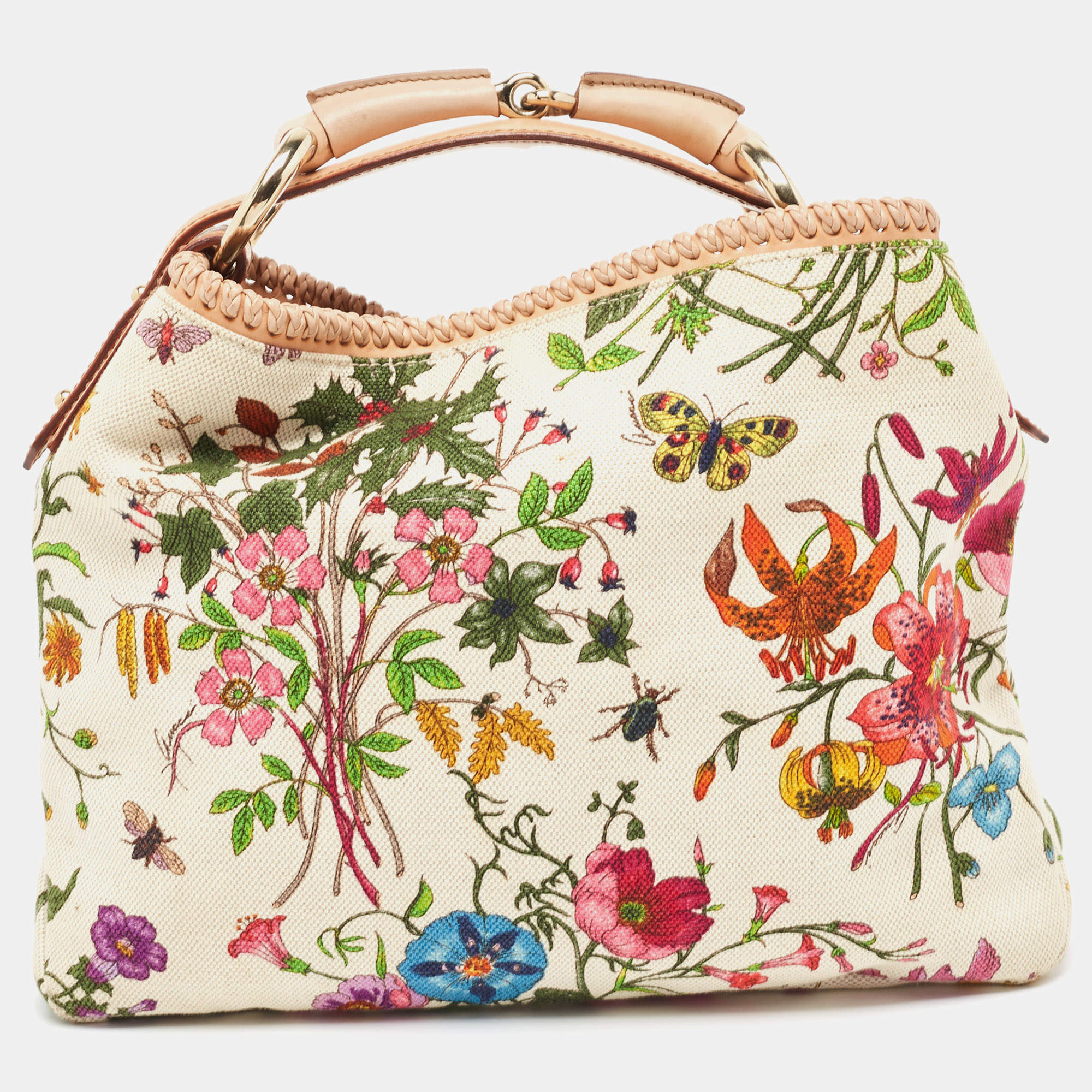 Pre Owned Gucci White Flora Canvas and Leather Small Horsebit Hobo