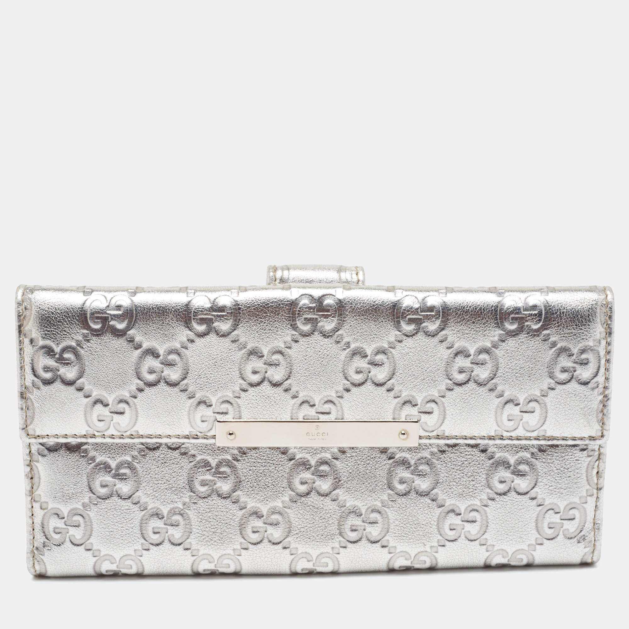 Gucci Silver Guccissima Leather Flap Continental Wallet