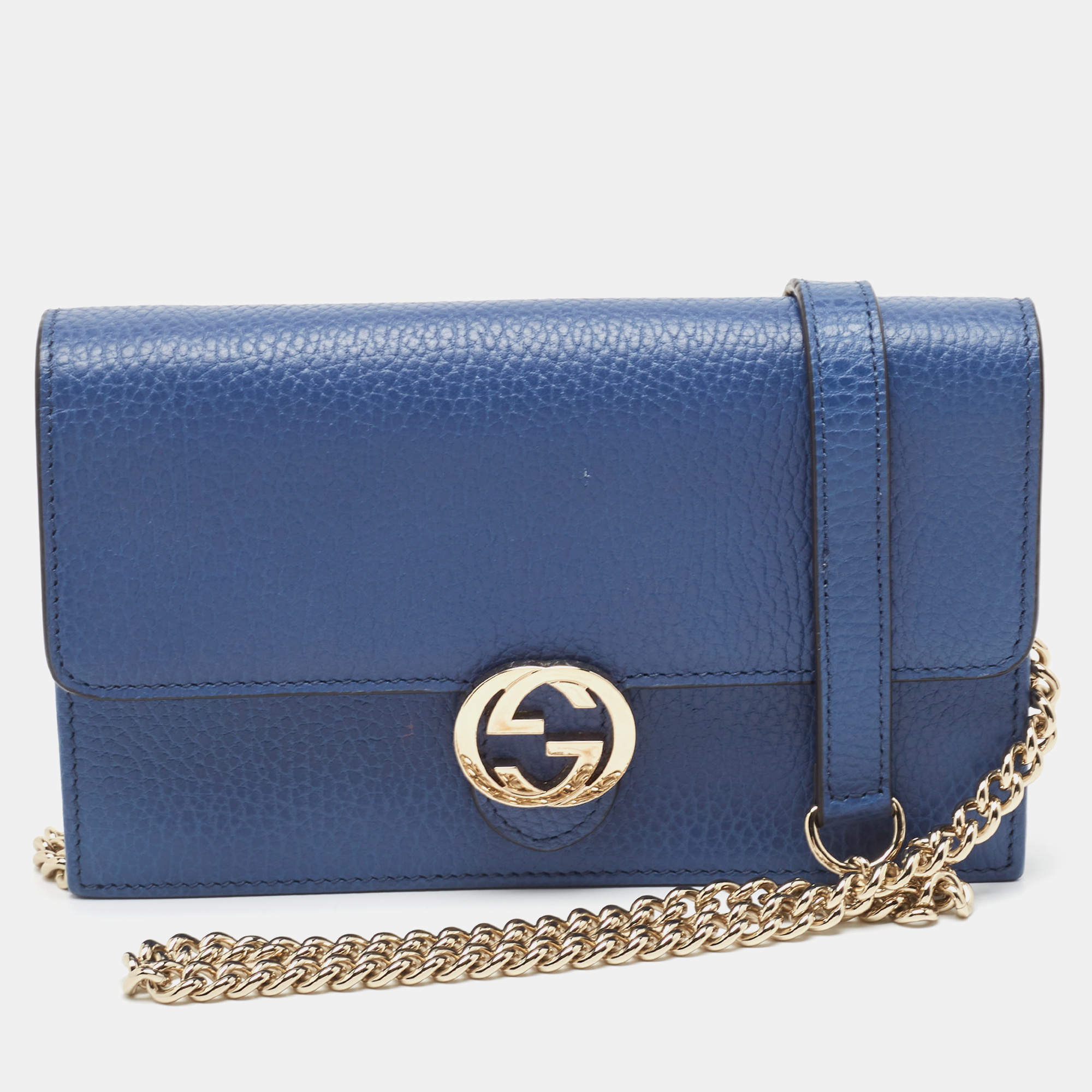 Pre Owned Gucci Blue Leather Interlocking G Dollar Chain Wallet