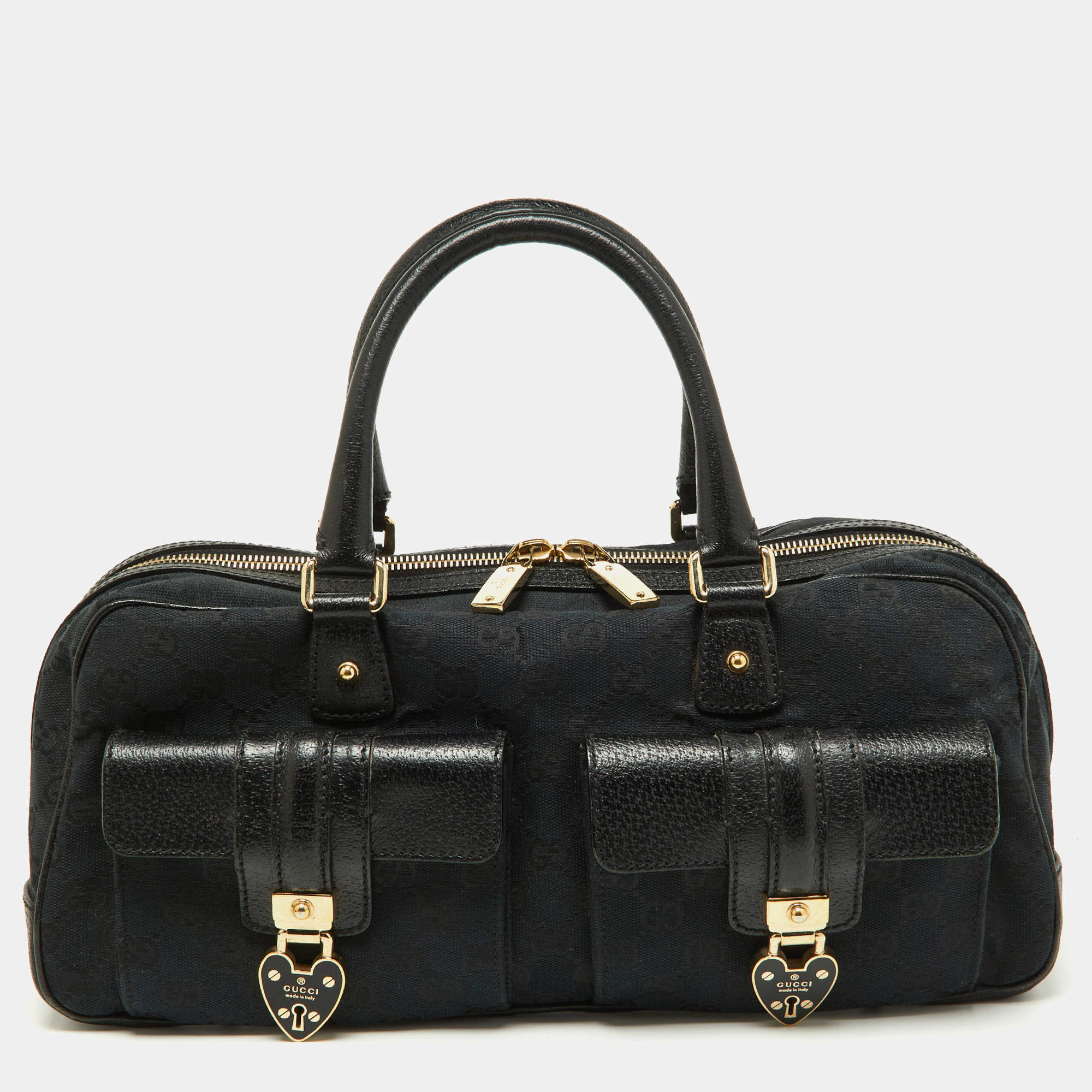 مملوكة مسبقًا Gucci Black GG Canvas and Leather Heart Lock Satchel