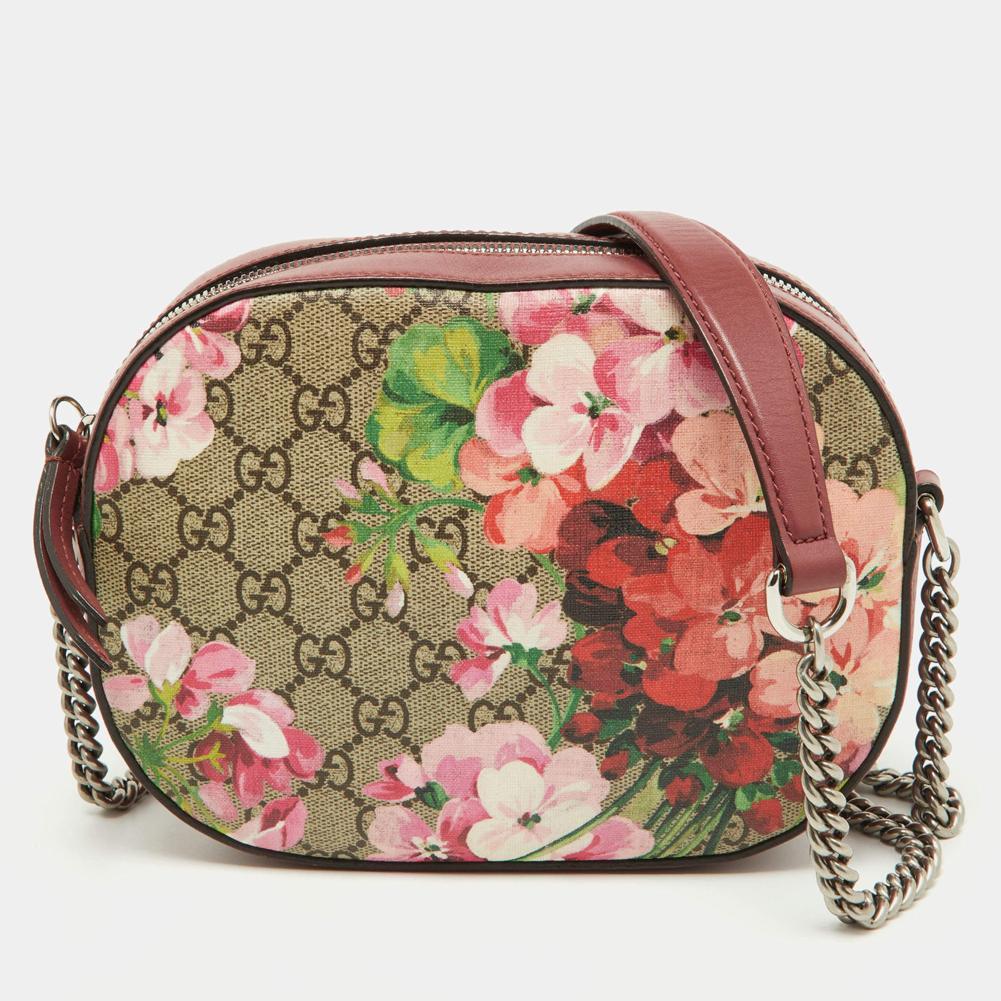 Pre Owned Gucci Multicolor Blooms Print GG Supreme Canvas and Leather Mini Chain Crossbody Bag
