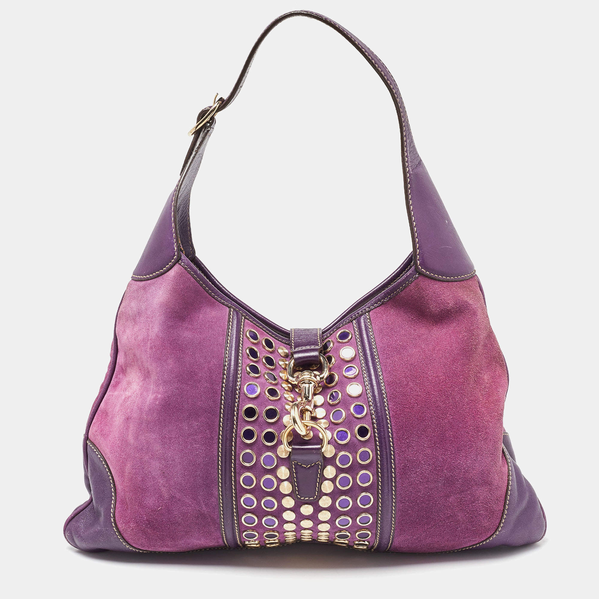 Pre Owned Gucci Purple Suede and Leather Studded Jackie O Bouvier Hobo 