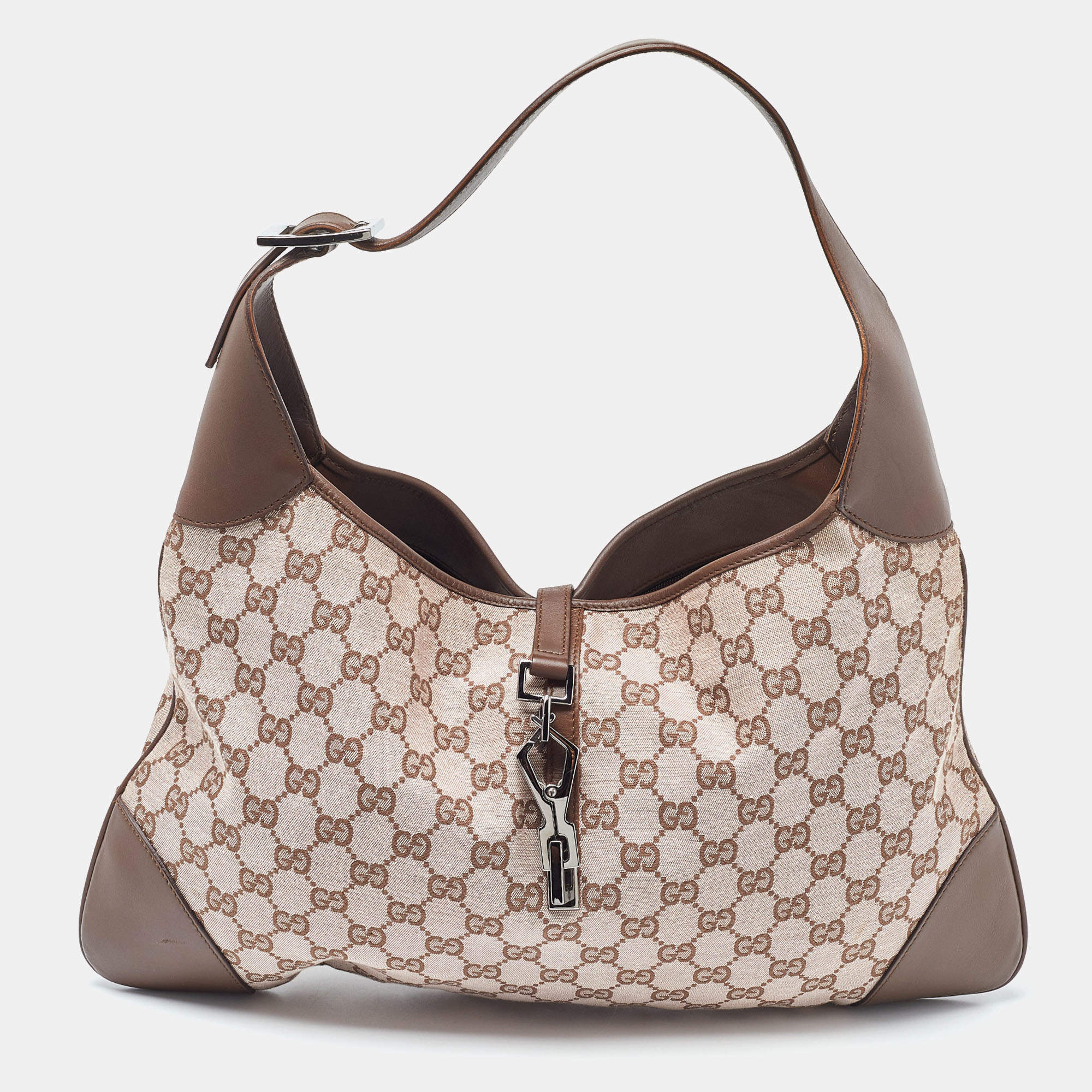 Pre Owned Gucci Brown GG Fabric and Leather Jackie O Hobo
