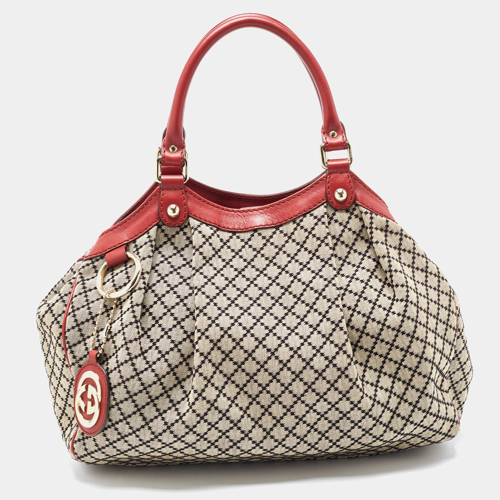 مملوكة مسبقًا Gucci Burgundy/Beige Diamond Canvas and Leather Medium Sukey Tote