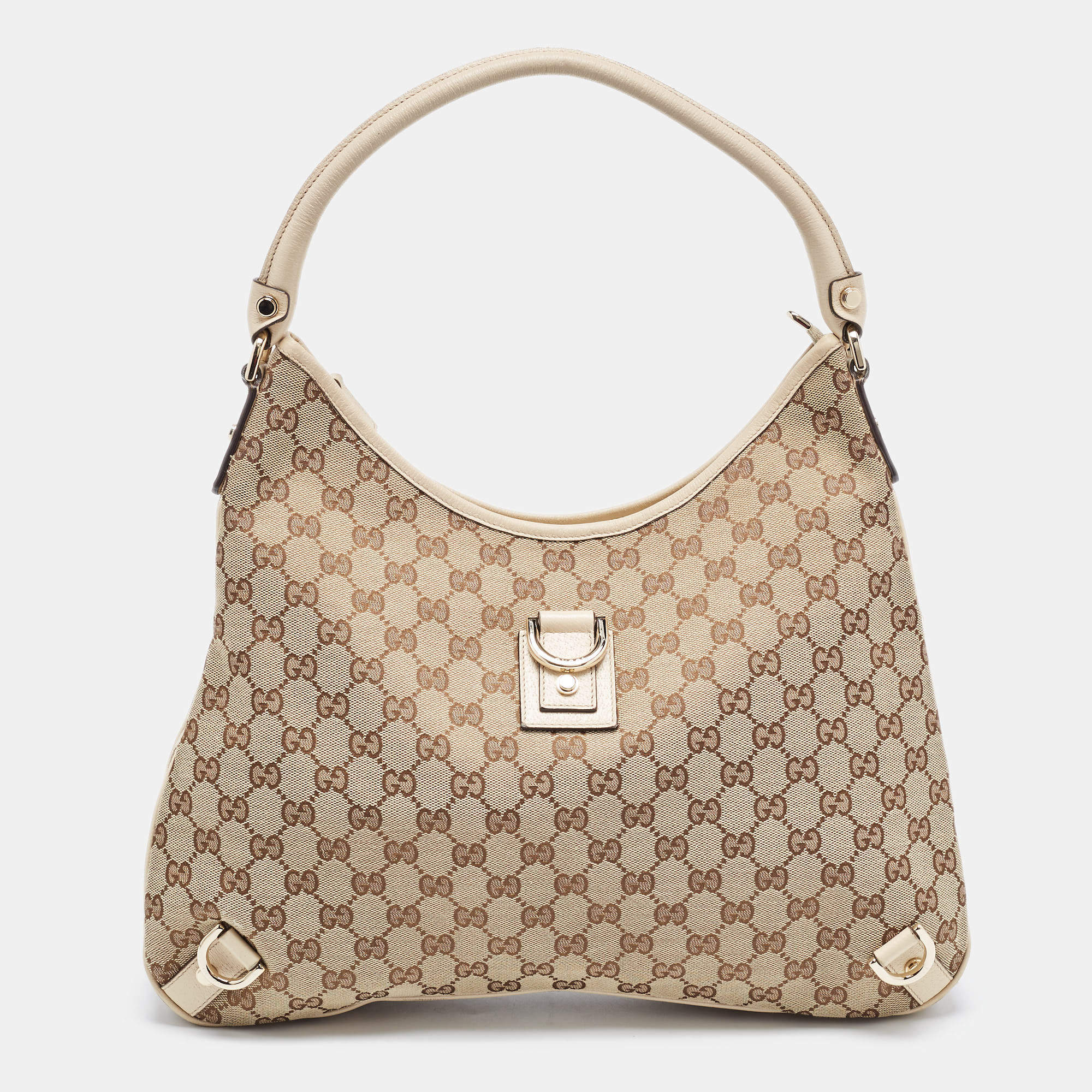 Pre Owned Gucci Beige GG Canvas and Leather Medium Abbey D-Ring Hobo