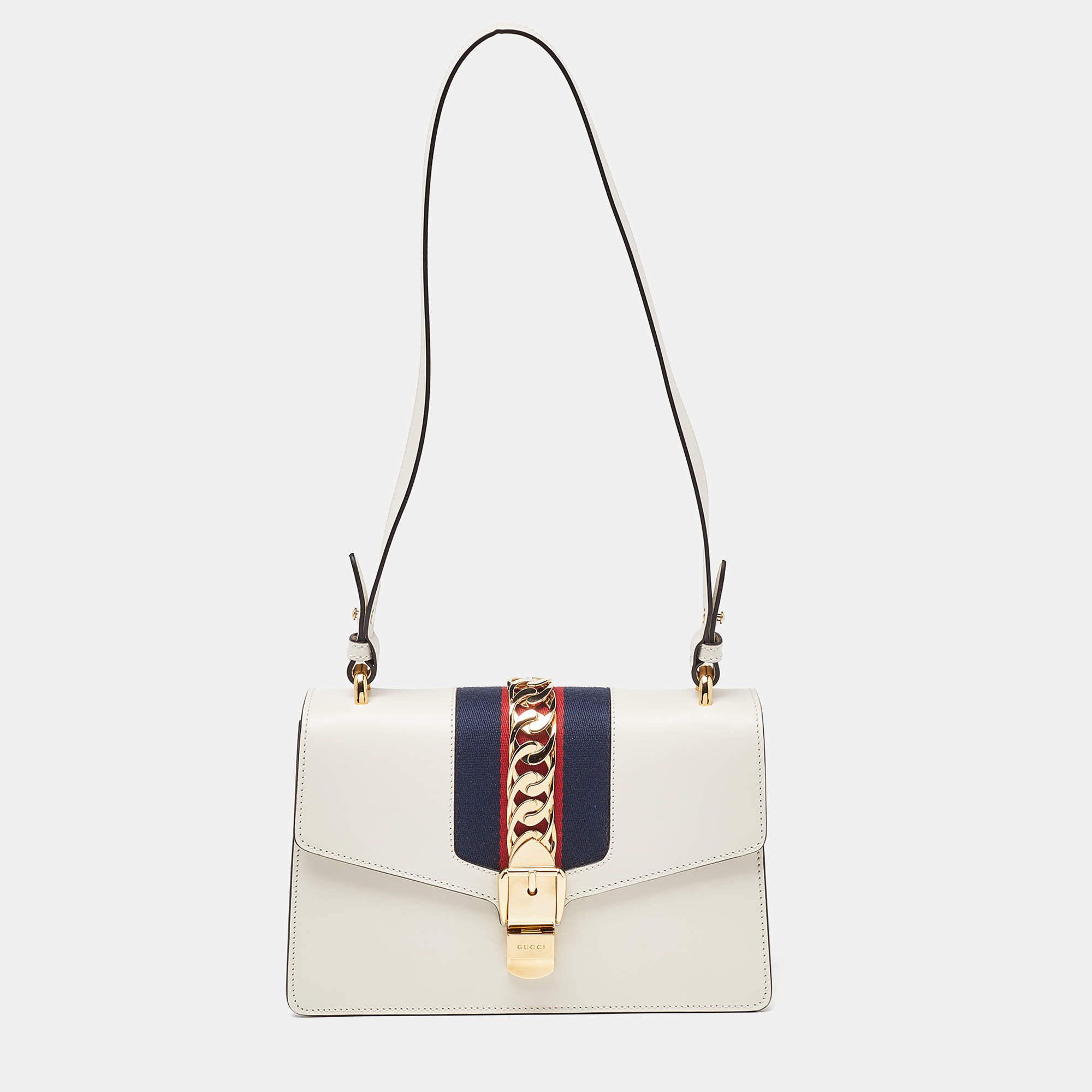 Pre Owned Gucci Off White Leather Small Web Sylvie Shoulder Bag