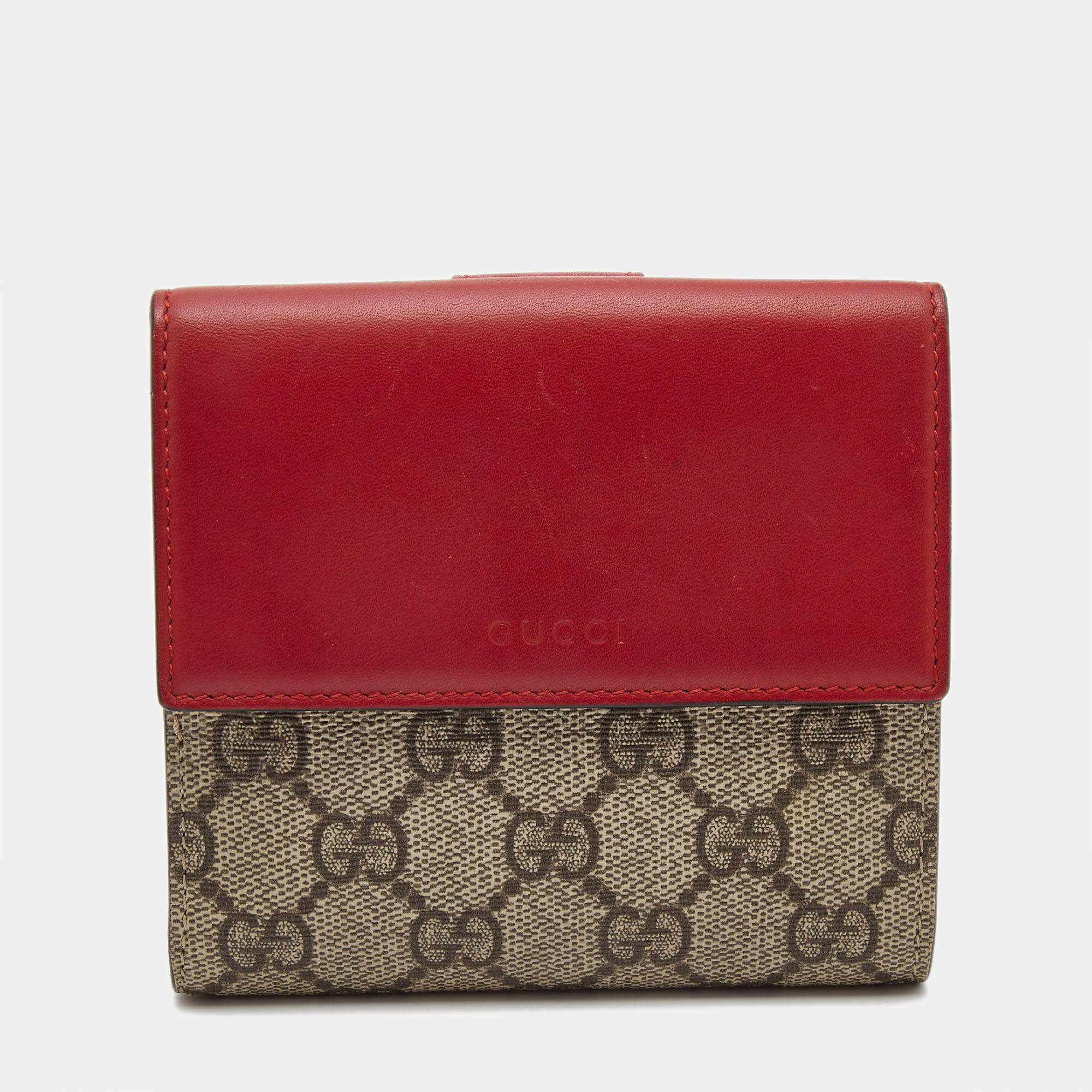 Gucci Red/Beige GG Supreme Coated Canvas and Leather French Flap Wallet