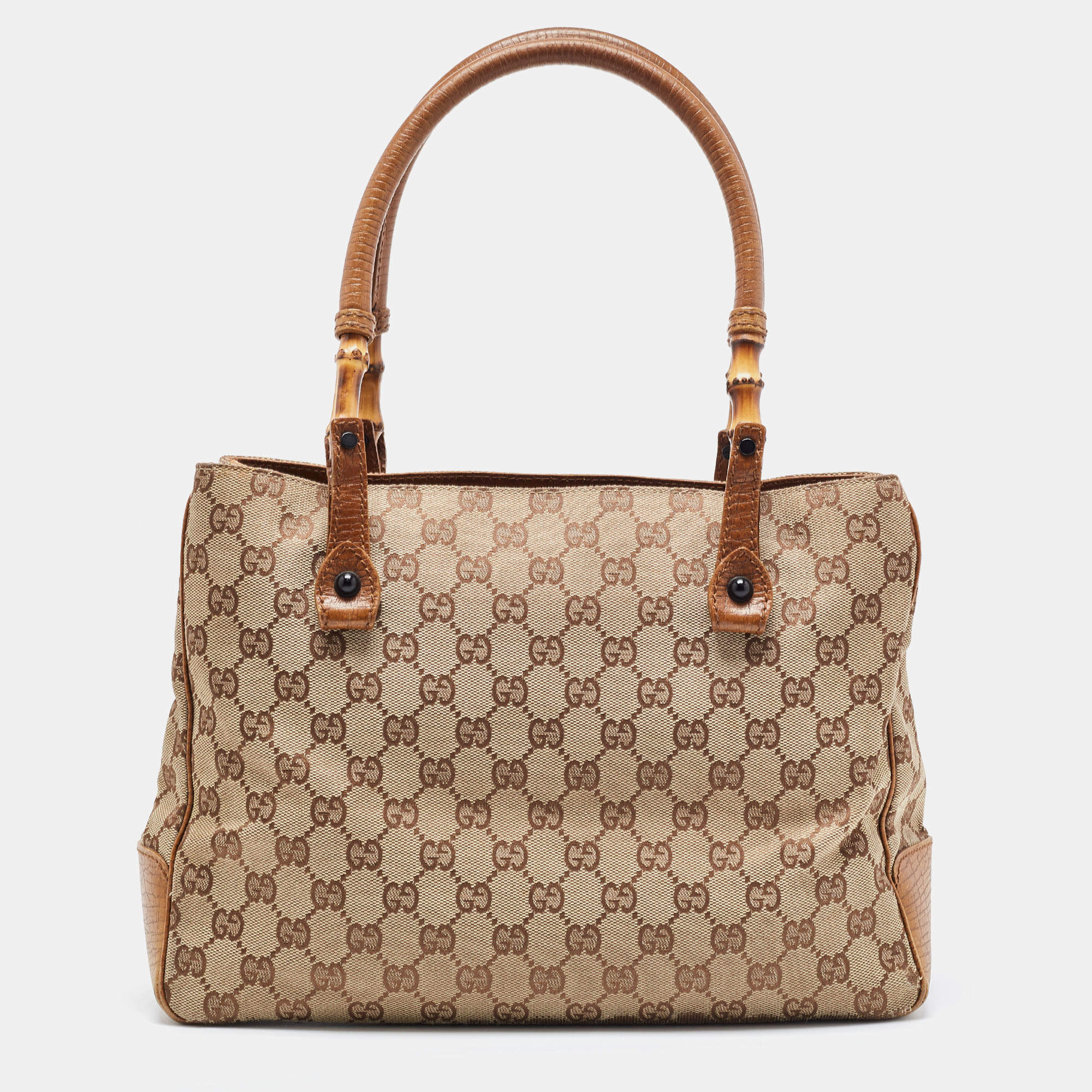 مملوكة مسبقًا Gucci Brown/Beige GG Canvas And Leather Bamboo Tote