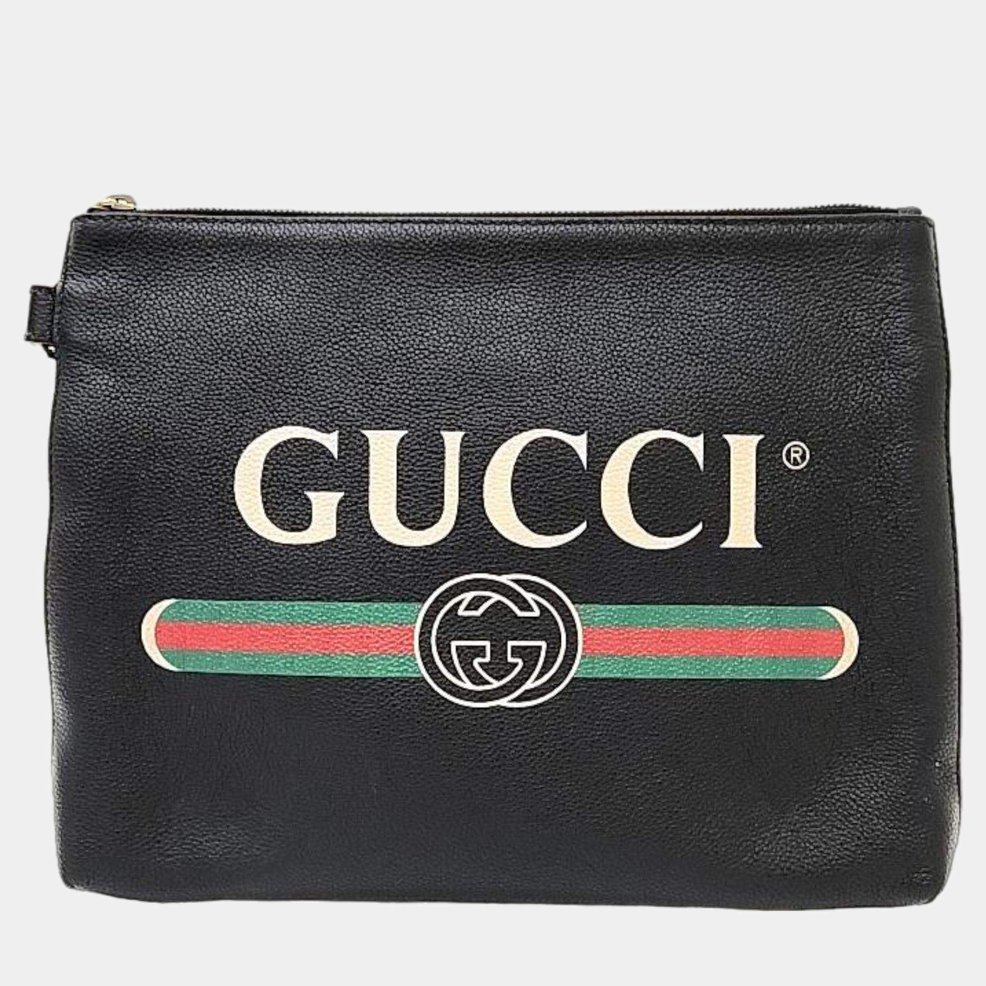 Pre Owned Gucci Black Leather Logo Clutch (572770)
