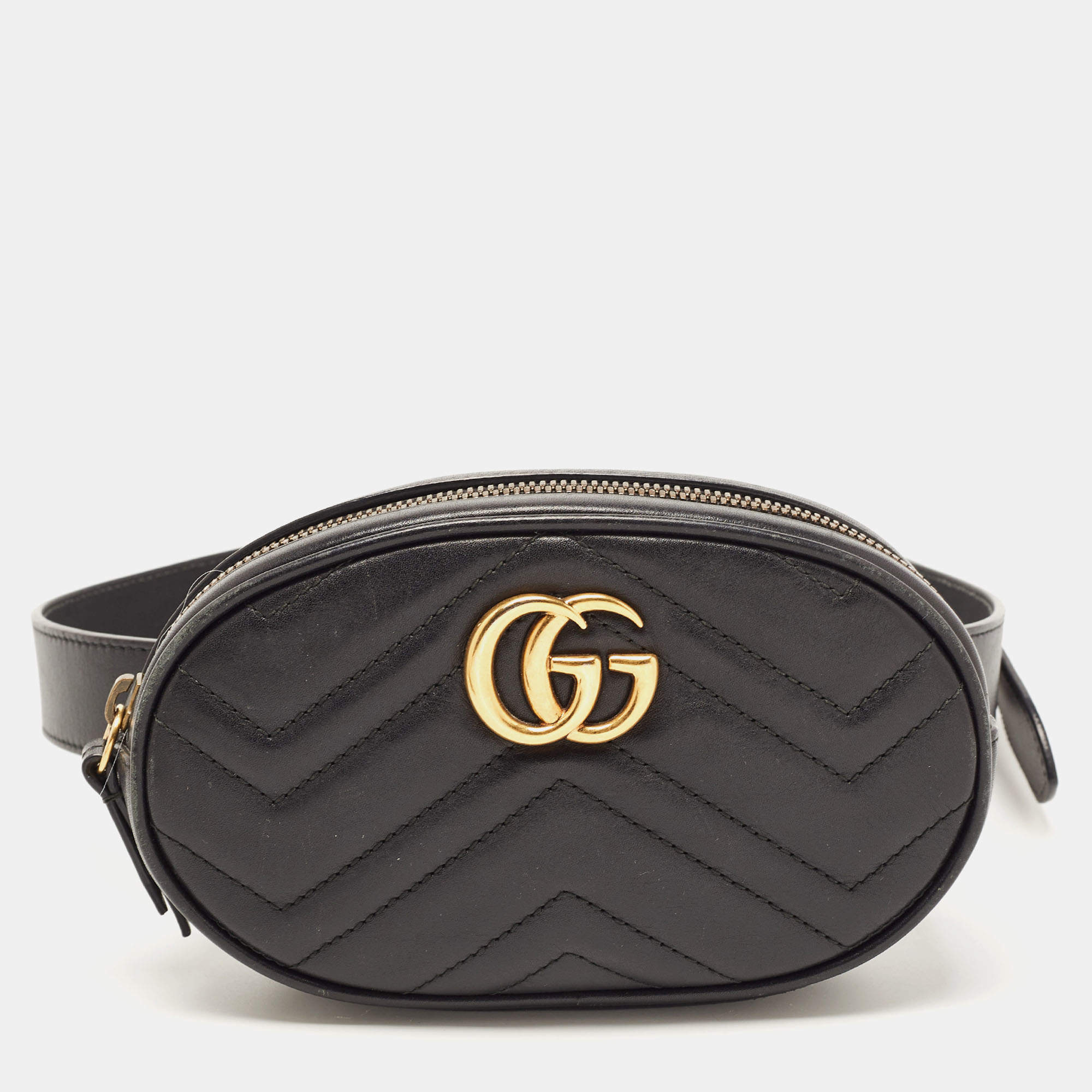 Pre Owned Gucci Black Matelassé Leather GG Marmont Belt Bag
