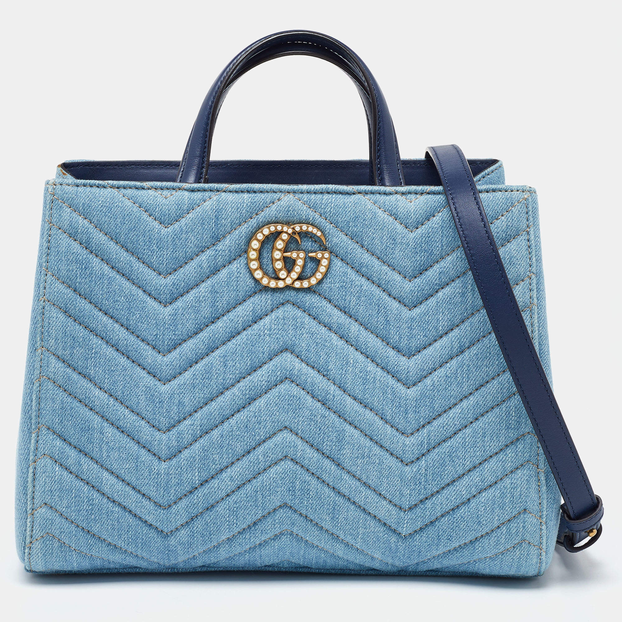 Pre Owned Gucci Blue Matelassé Denim and Leather Small GG Marmont Tote