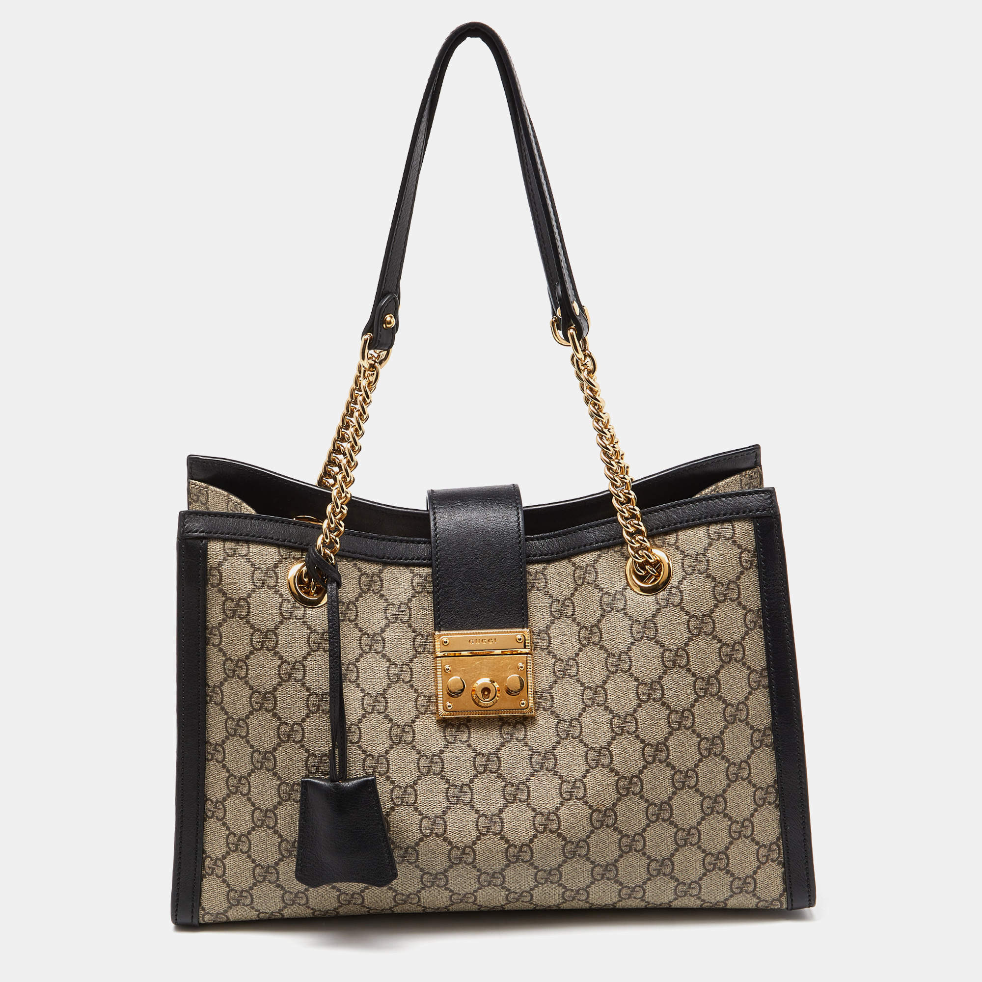 Pre Owned Gucci Beige/Black GG Supreme Canvas and Leather Medium Padlock Tote