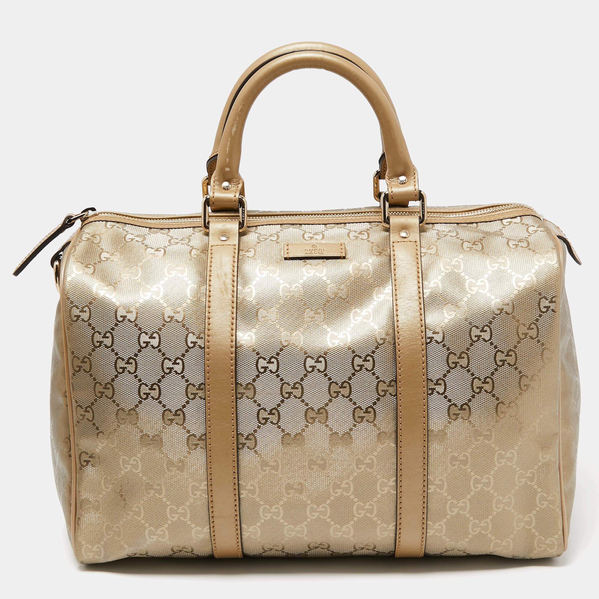 Pre Owned Gucci Gold GG Imprime Canvas and Leather Medium Joy Boston Bag