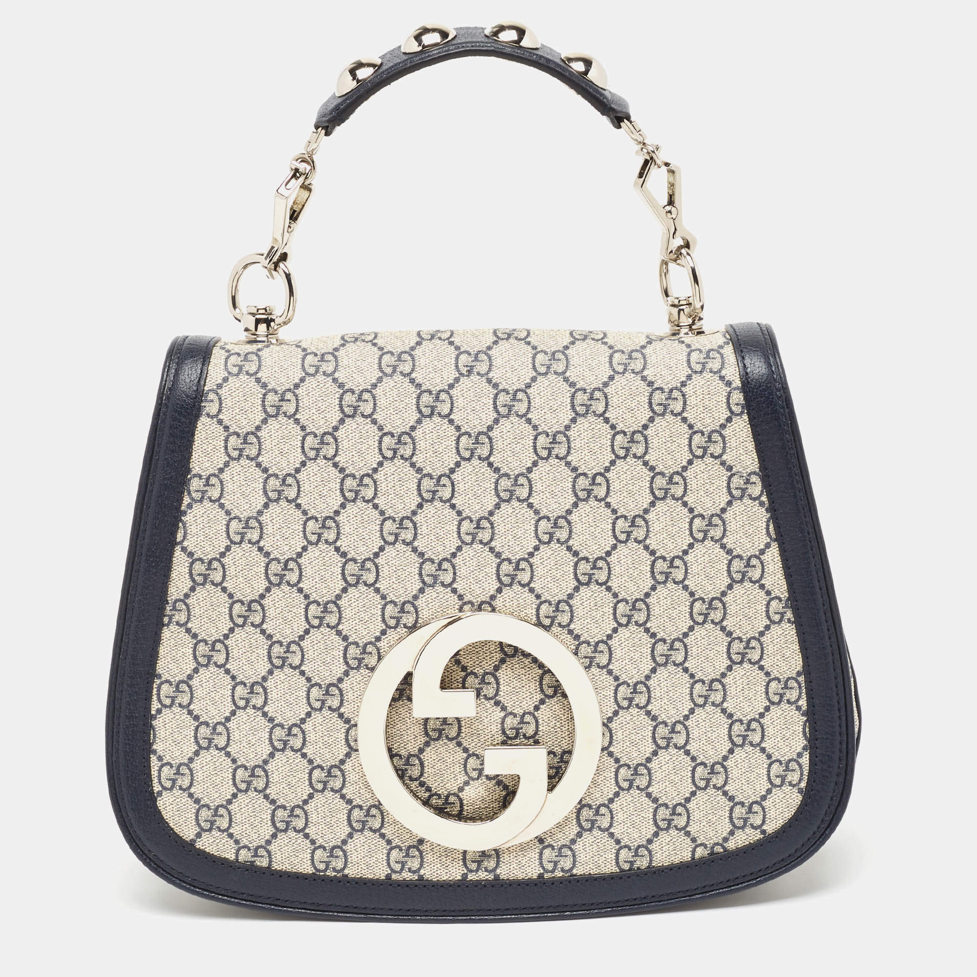 Gucci Navy Blue/Beige GG Supreme Canvas and Leather Blondie Top Handle ...