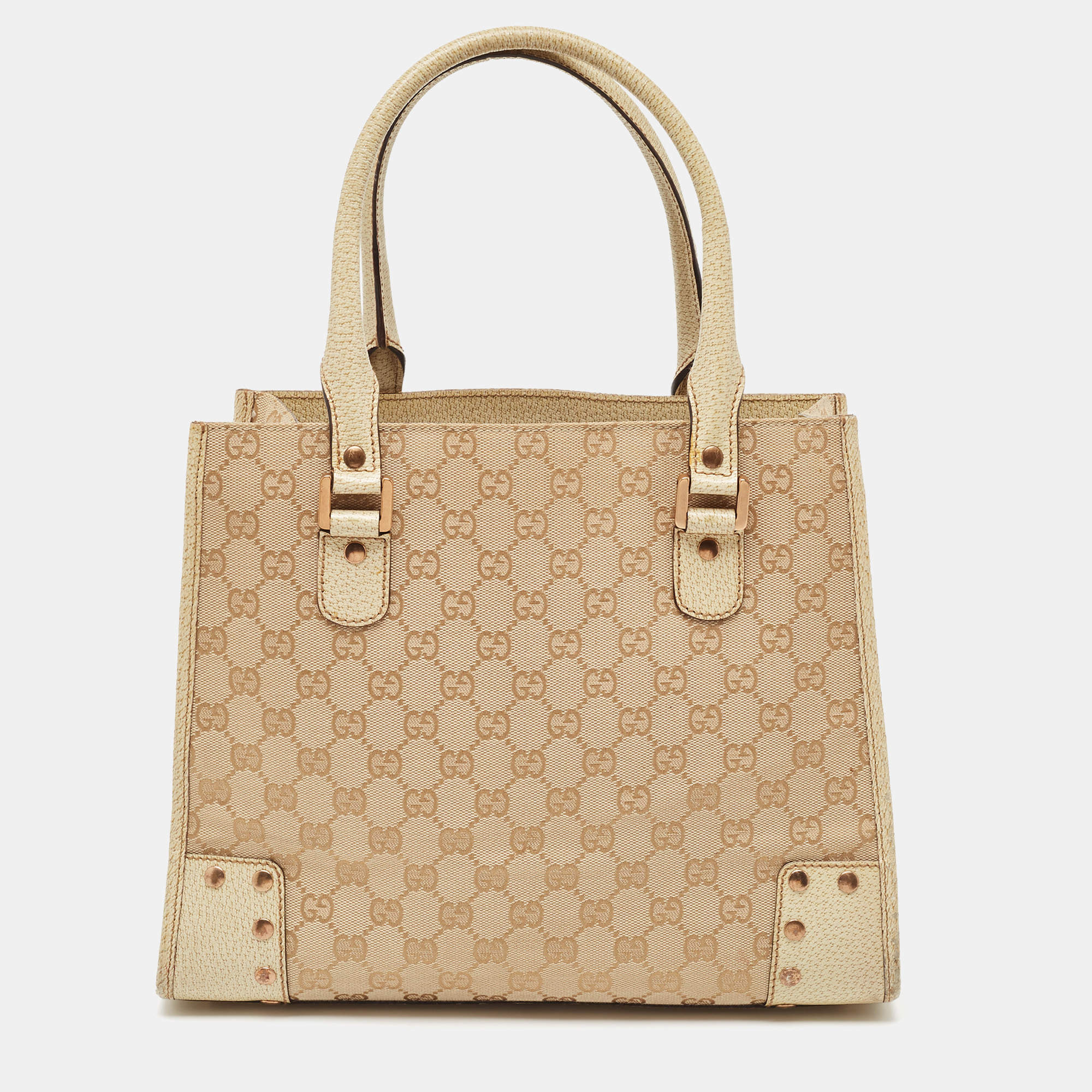 Pre Owned Gucci Beige/Cream GG Canvas and Leather Studded Tote