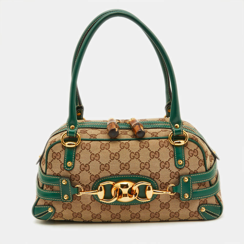 Gucci Beige/Green GG Canvas and Leather Wave Boston Bag