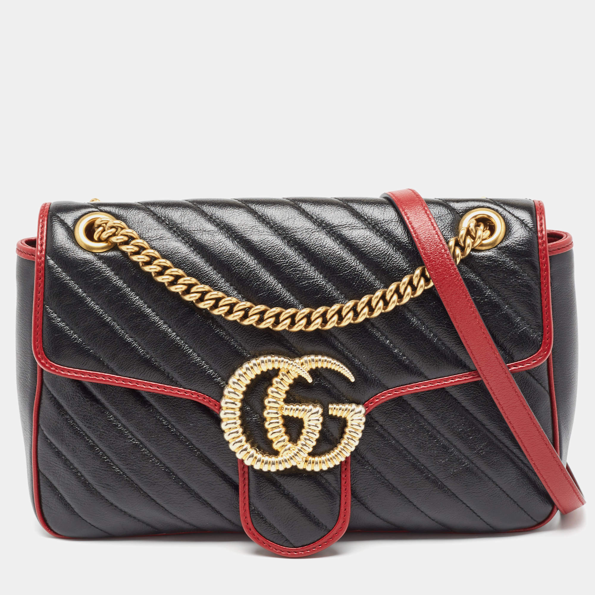 Gucci Black/Red Diagonal Quilt Leather Medium GG Marmont Torchon Shoulder Bag