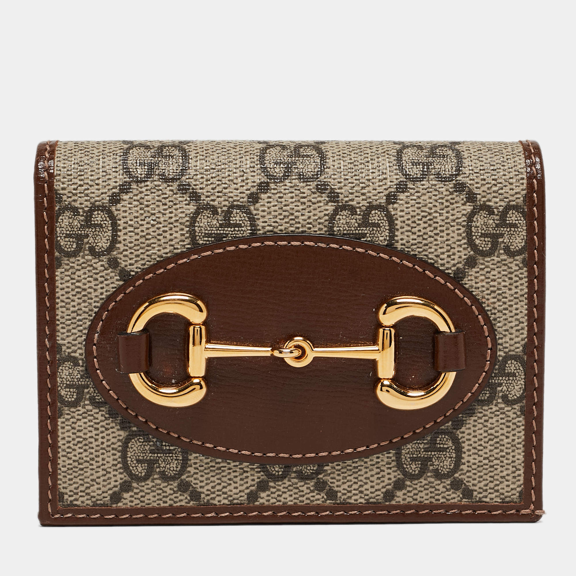 Gucci Brown/Beige GG Supreme Canvas and Leather Horsebit 1955 Flap Card Case