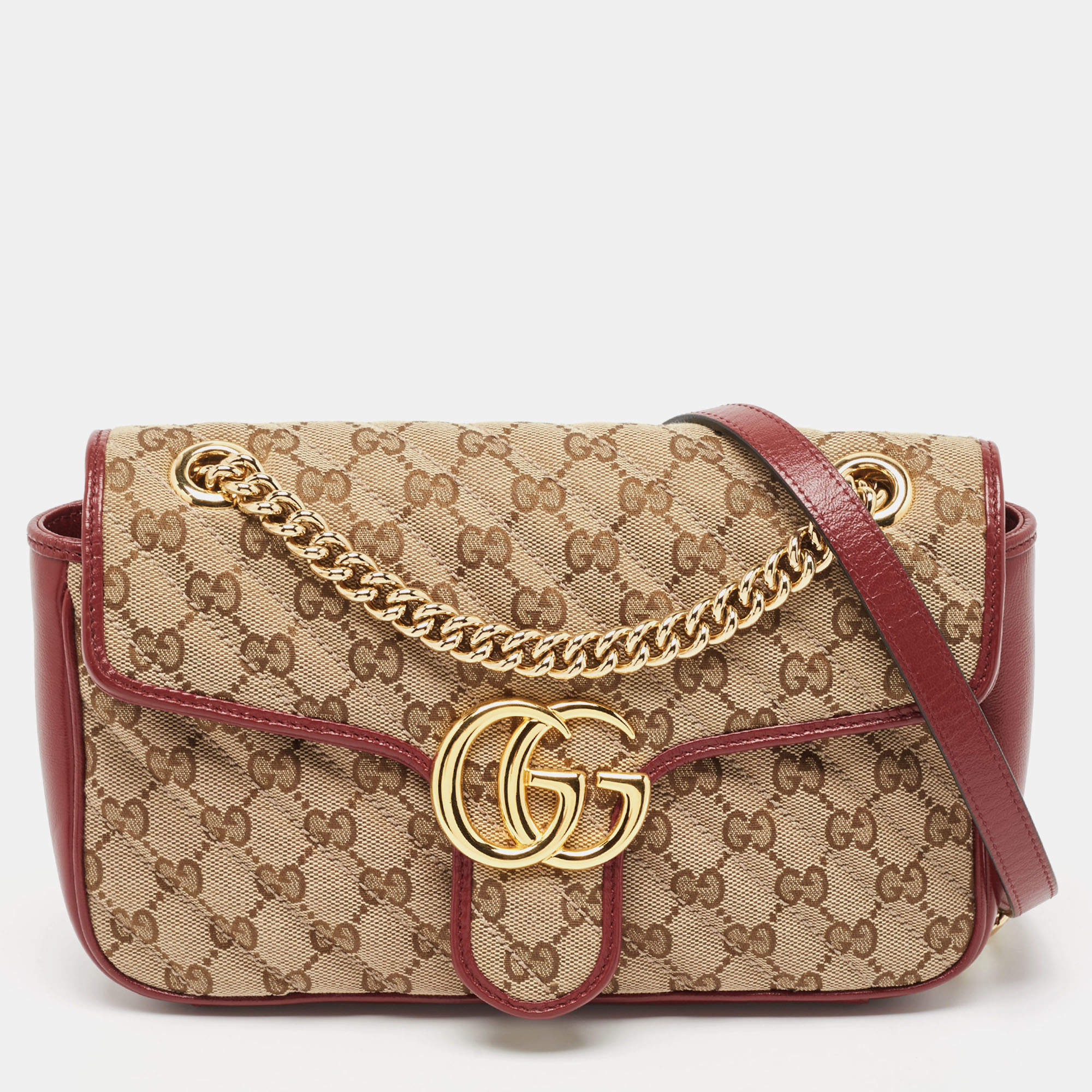 Pre Owned Gucci Black/Red Diagonal Quilted GG Canvas and Leather Small GG Marmont Shoulder Bag