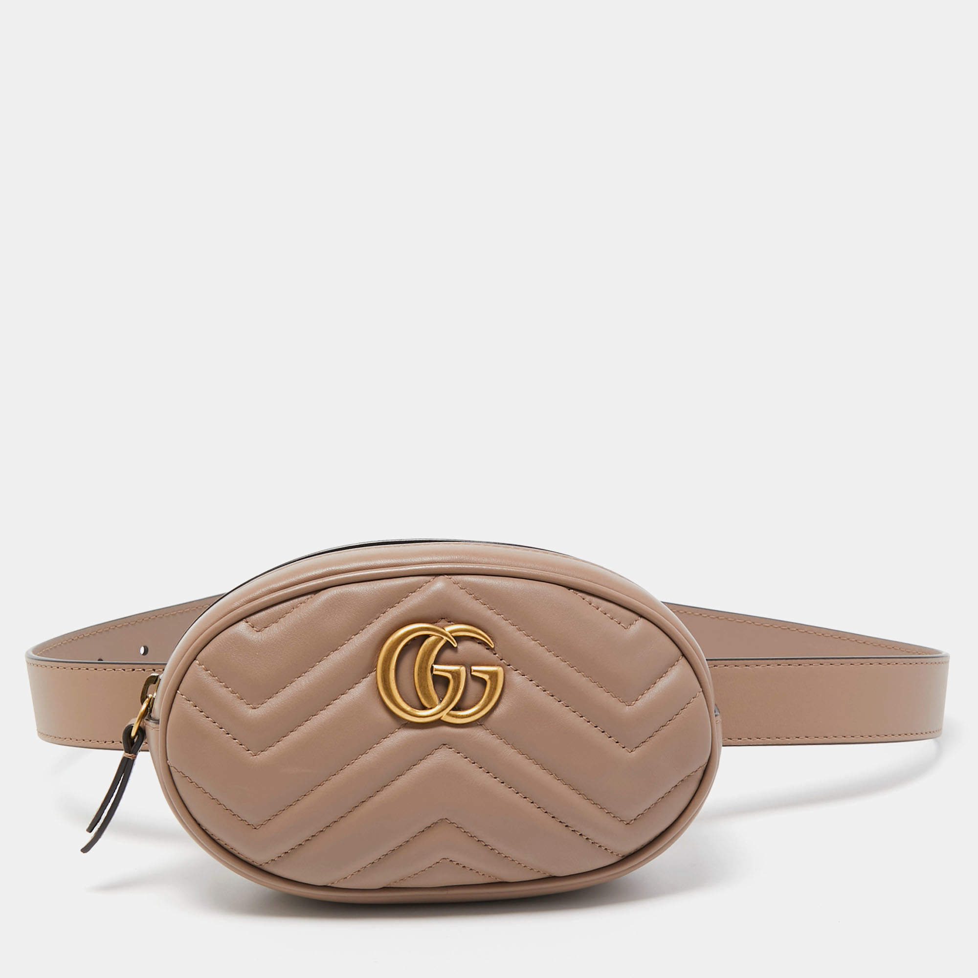 Pre Owned Gucci Beige Matelassé Leather GG Marmont Belt Bag