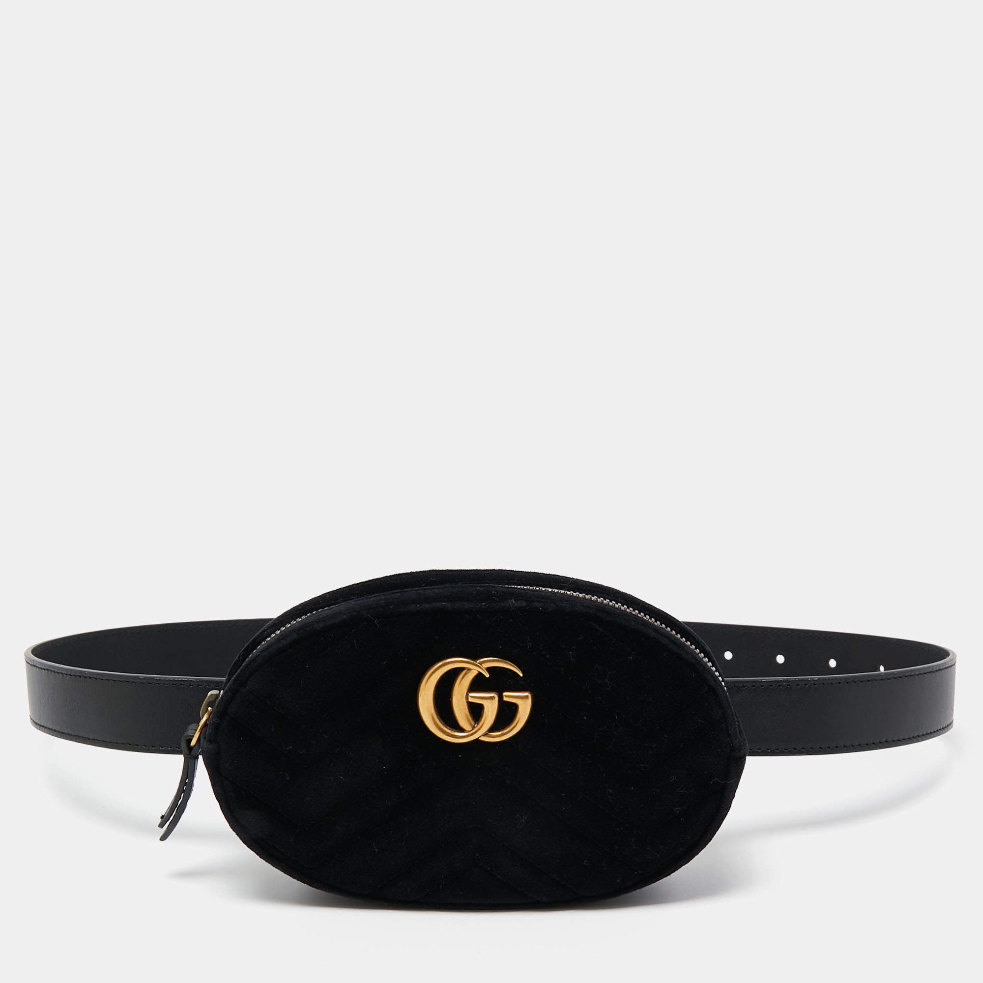 Pre Owned Gucci Black Matelassé Velvet GG Marmont Belt Bag