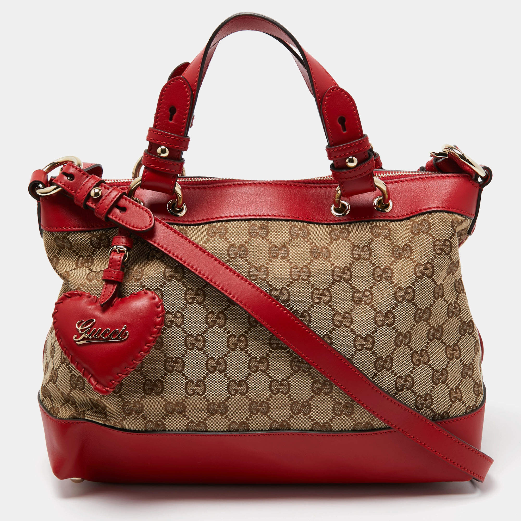 Pre Owned Gucci Red/Beige GG Canvas and Leather Valentine Tote