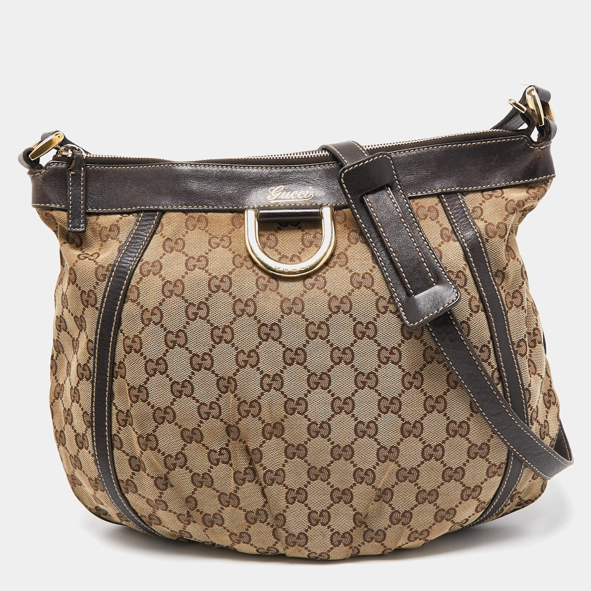Pre Owned Gucci Beige/Brown GG Canvas and Leather D Ring Hobo