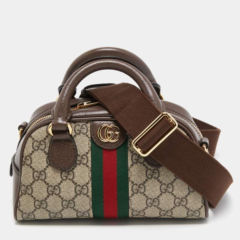 Pre Owned Gucci Beige/Brown GG Supreme Canvas and Leather Mini Ophidia Satchel