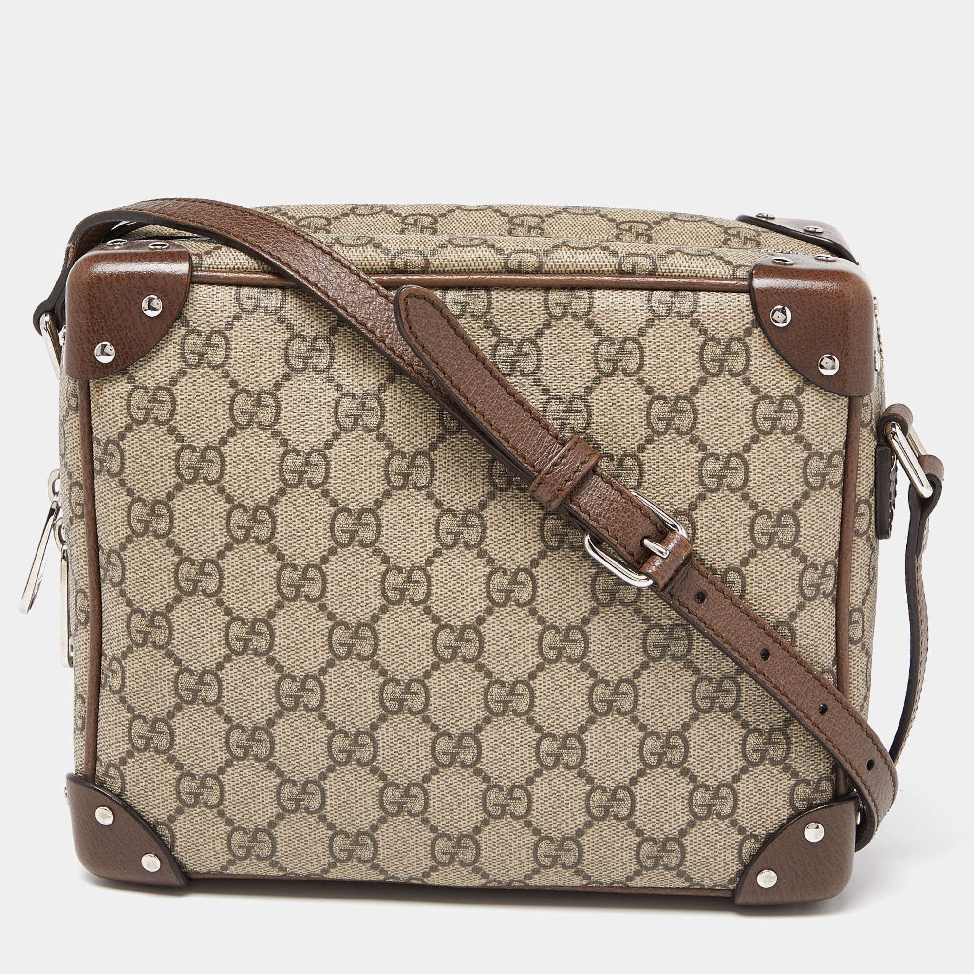 Pre Owned Gucci Brown/Beige GG Supreme Canvas and Leather Square Messenger Bag