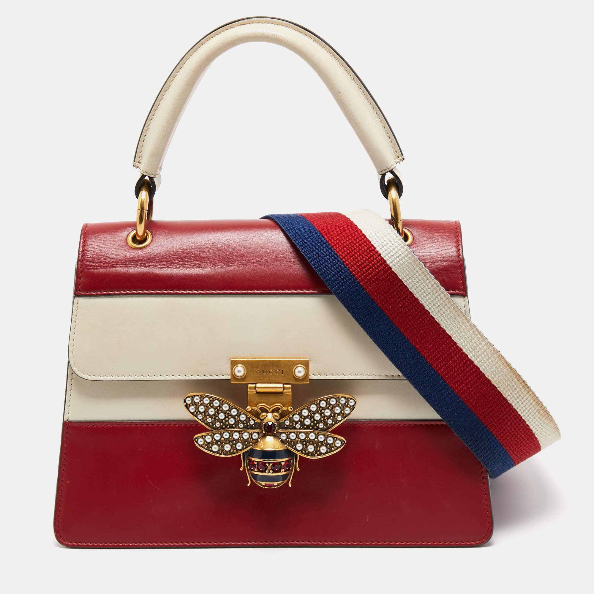 Pre Owned Gucci Red/Off White Leather Small Queen Margaret Top Handle Bag