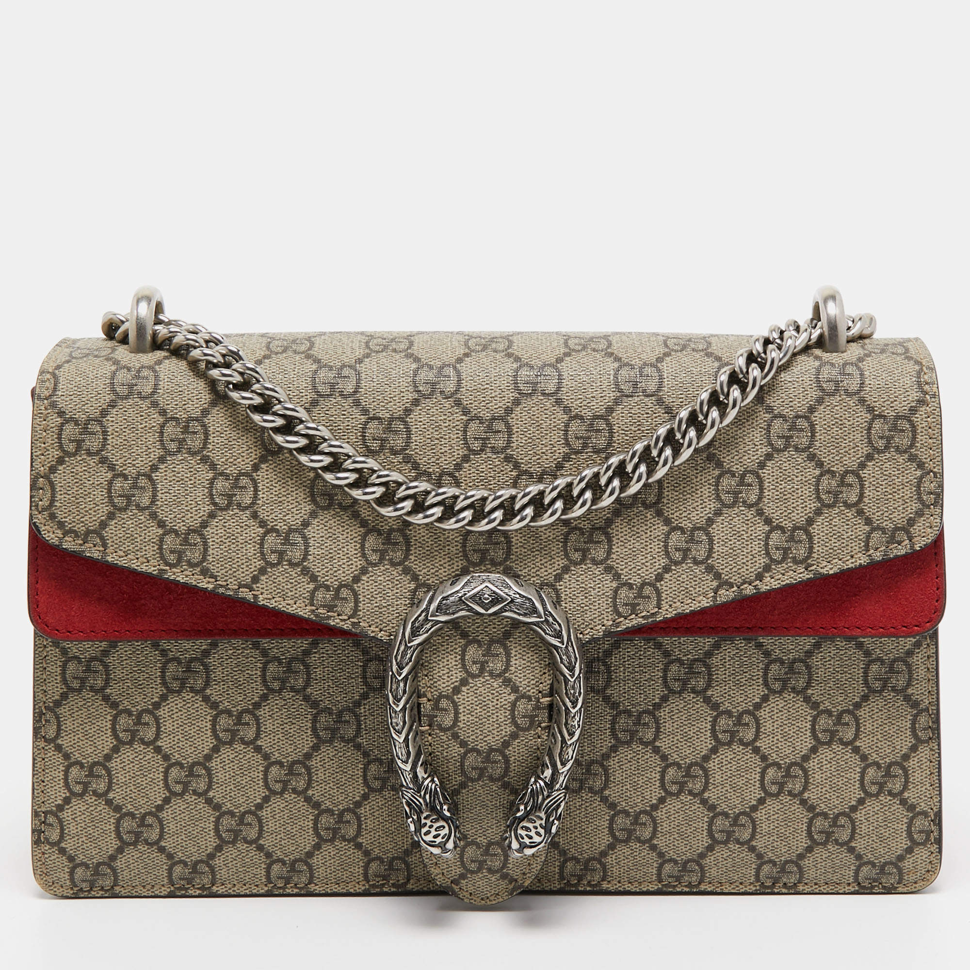 Pre Owned Gucci Red/Beige GG Supreme Canvas and Suede Small Dionysus Shoulder Bag