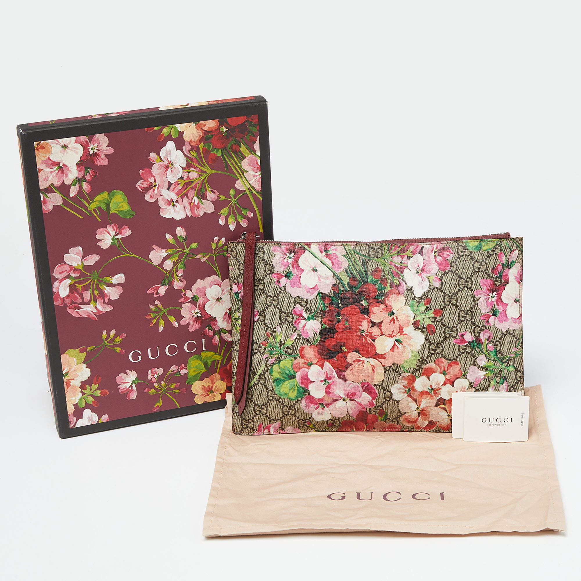 Gucci Old Rose GG Supreme Blooms Canvas and Suede Zip Pouch Gucci