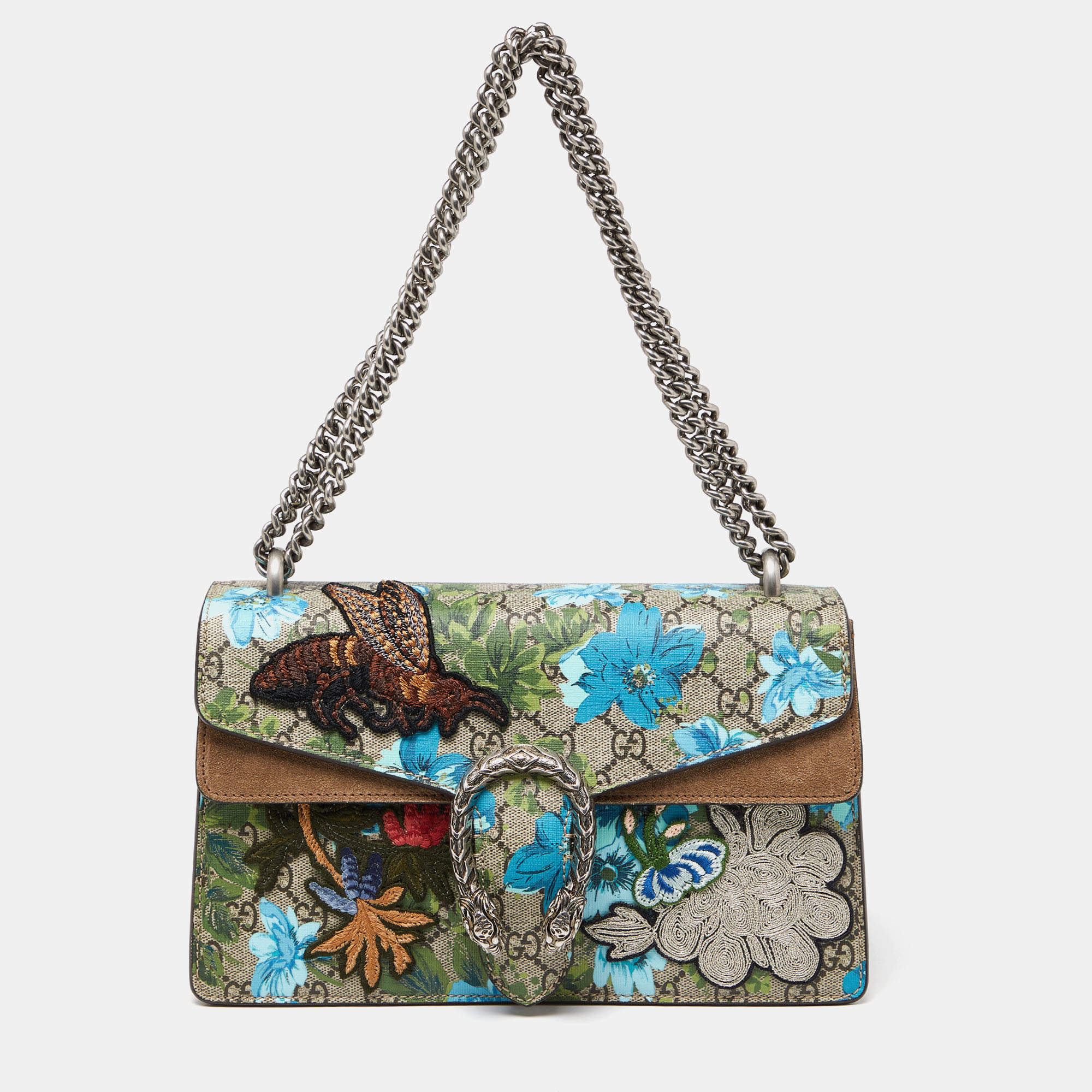 Pre Owned Gucci Blue/Beige GG Supreme Canvas and Suede Small Embroidered Dionysus Shoulder Bag