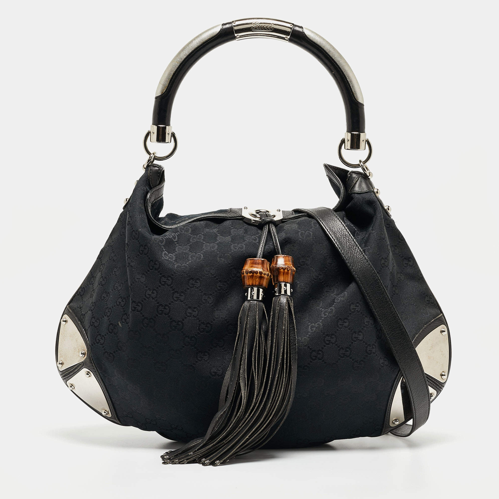 Pre Owned Gucci Black GG Canvas and Leather Large Babouska Indy Hobo