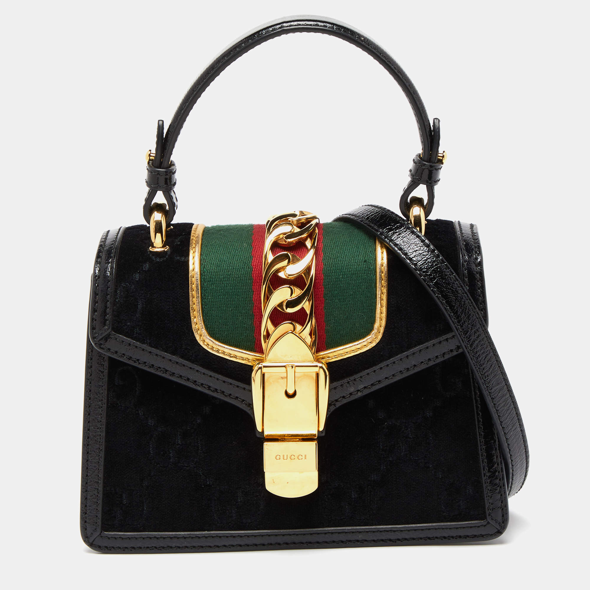 Pre Owned Gucci Black GG Velvet and Patent Leather Sylvie Top Handle Bag