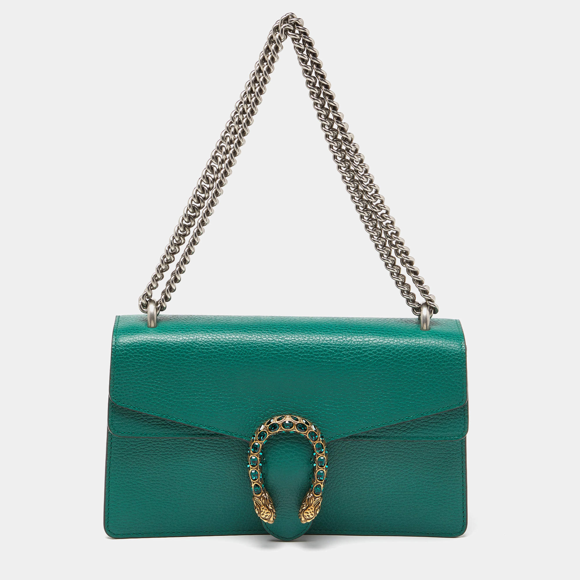 Pre Owned Gucci Green Leather Small Dionysus Crystals Shoulder Bag